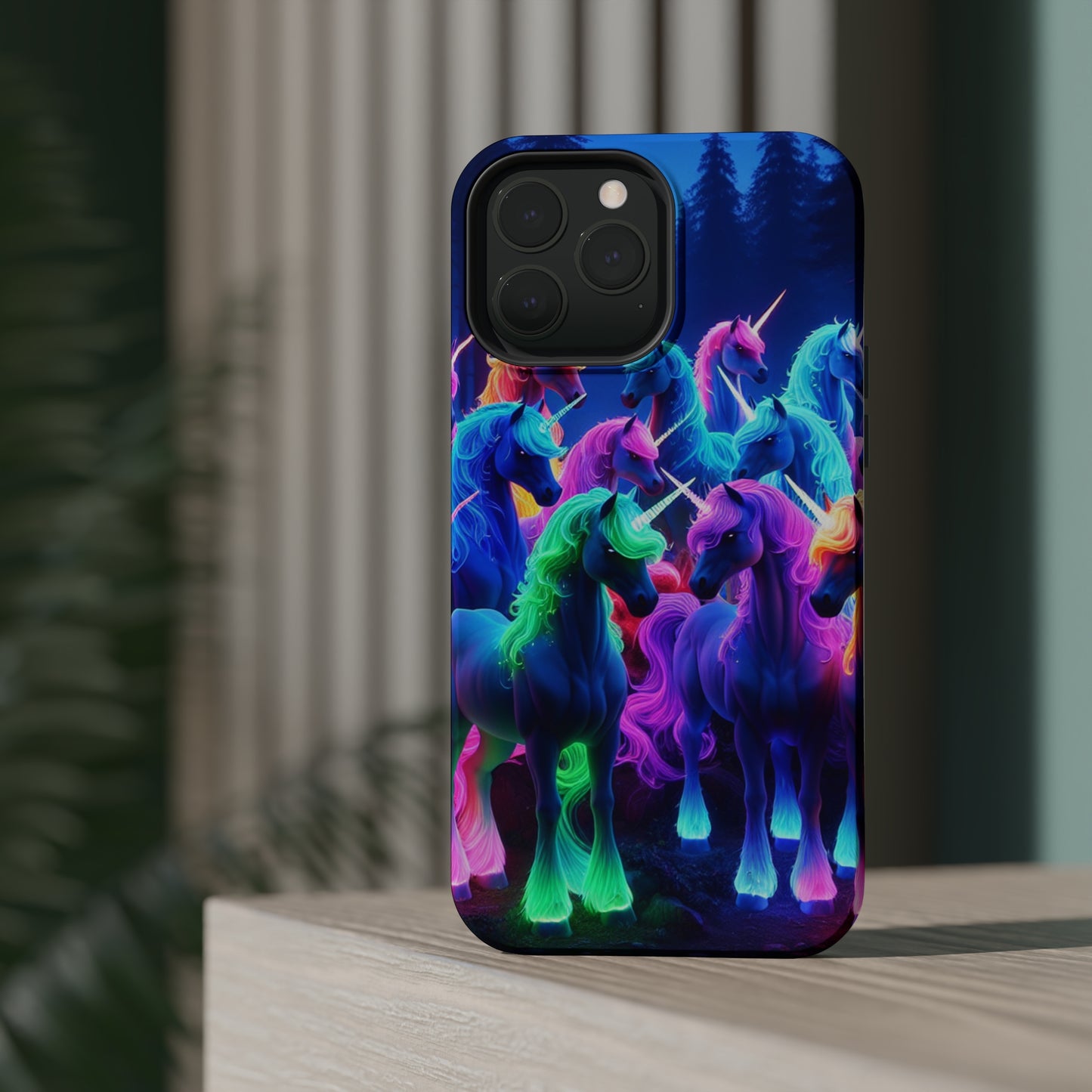 "Neon Fantasyland" Neon Unicorns Premium Art Magsafe Magnet Tough IPhone 13 14 15 Pro Plus Max and Mini in Matte and Glossy Phone cases
