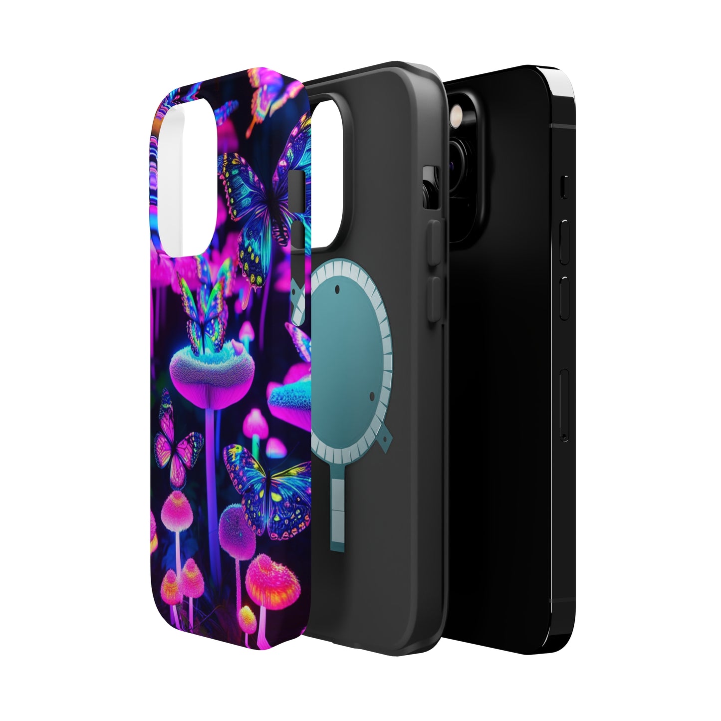 "Neon Gloomsprite Dance" Neon Butterflies and Mushrooms Premium Art Magsafe Magnet Tough IPhone 13 14 15 Pro Plus Max and Mini in Matte and Glossy Phone cases