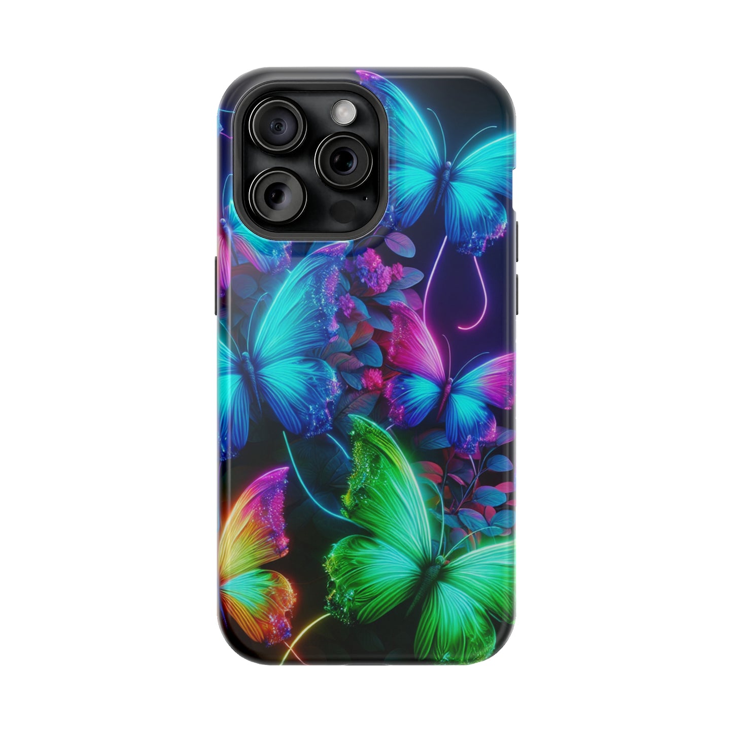 Neon Flutter Symphony Neon Butterflies Premium Art Magsafe Magnet Tough IPhone 13 14 15 Pro Plus Max and Mini in Matte and Glossy Phone cases