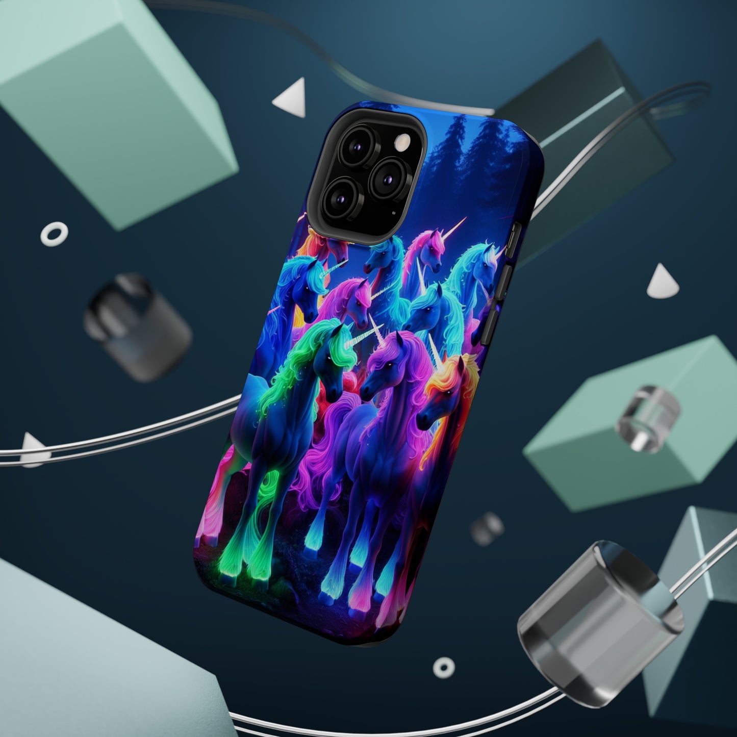 "Neon Fantasyland" Neon Unicorns Premium Art Magsafe Magnet Tough IPhone 13 14 15 Pro Plus Max and Mini in Matte and Glossy Phone cases