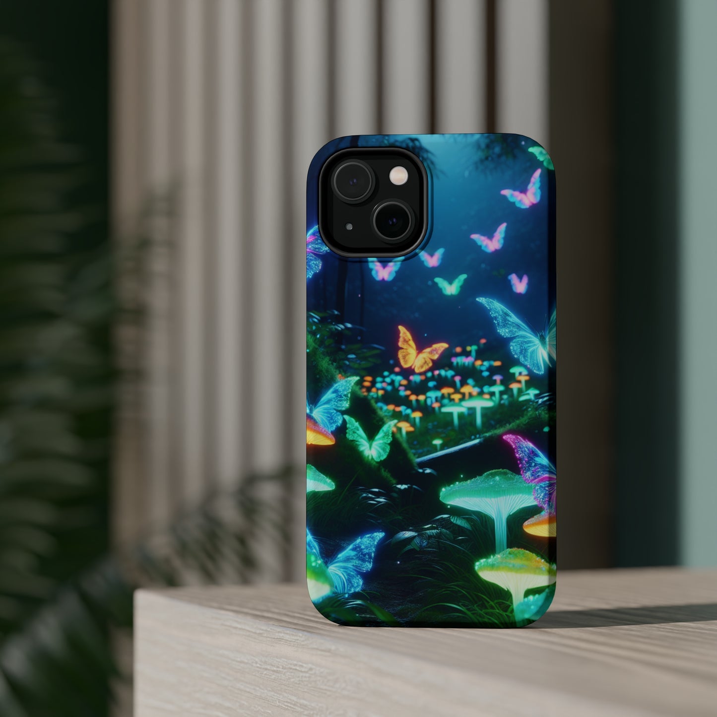 "Neon Meadow" Neon Butterflies and Mushrooms Premium Art Magsafe Magnet Tough IPhone 13 14 15 Pro Plus Max and Mini in Matte and Glossy Phone cases