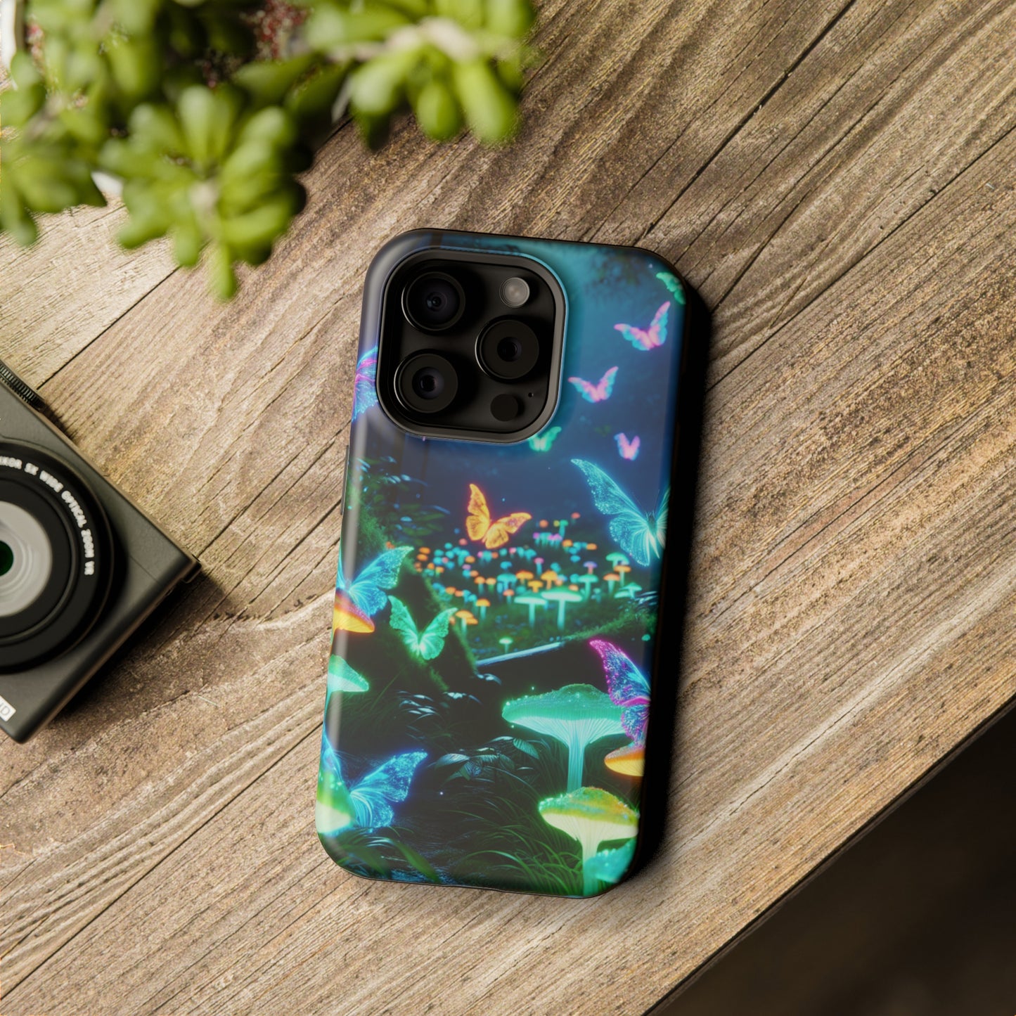 "Neon Meadow" Neon Butterflies and Mushrooms Premium Art Magsafe Magnet Tough IPhone 13 14 15 Pro Plus Max and Mini in Matte and Glossy Phone cases