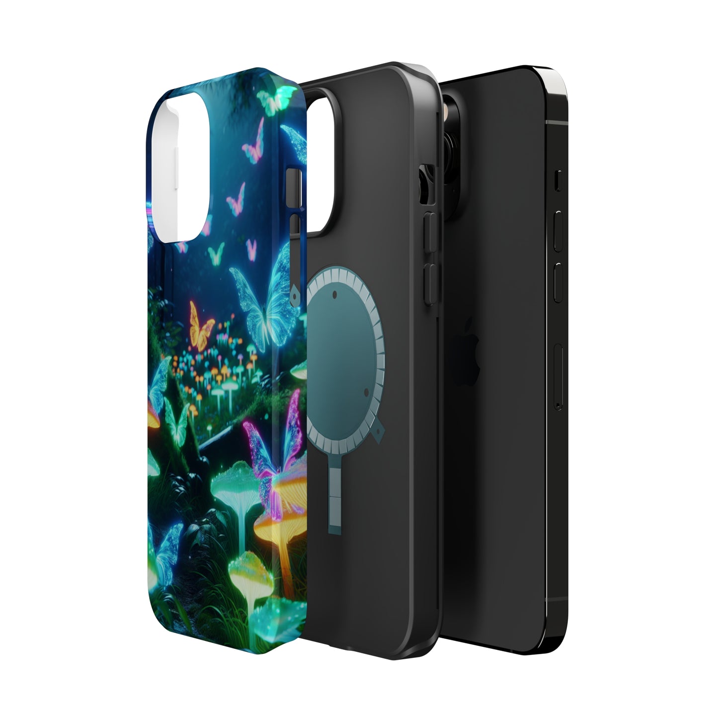 "Neon Meadow" Neon Butterflies and Mushrooms Premium Art Magsafe Magnet Tough IPhone 13 14 15 Pro Plus Max and Mini in Matte and Glossy Phone cases