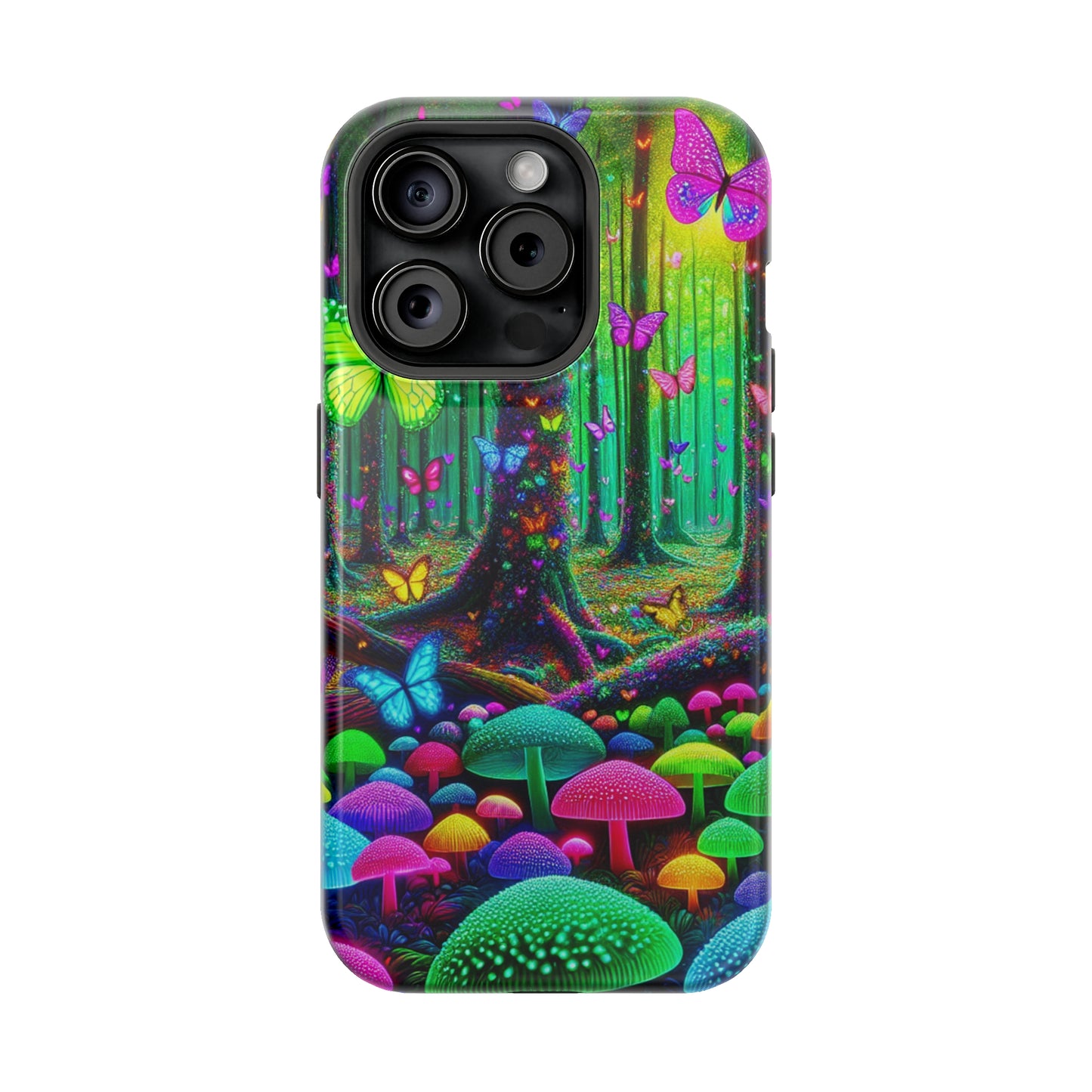 "Neon Garden Symphony". Neon Butterflies and Mushrooms Premium Art Magsafe Magnet Tough IPhone 13 14 15 Pro Plus Max and Mini in Matte and Glossy Phone cases