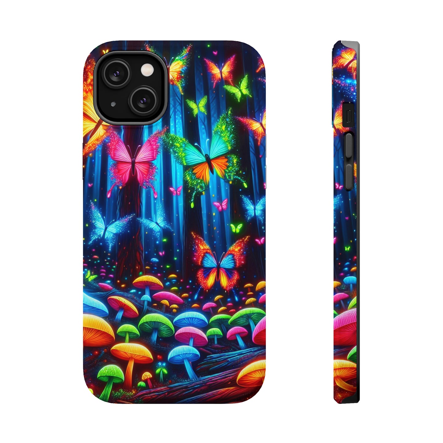 Neon Fantasia. Neon Butterflies and Mushrooms Premium Art Magsafe Magnet Tough IPhone 13 14 15 Pro Plus Max and Mini in Matte and Glossy Phone cases