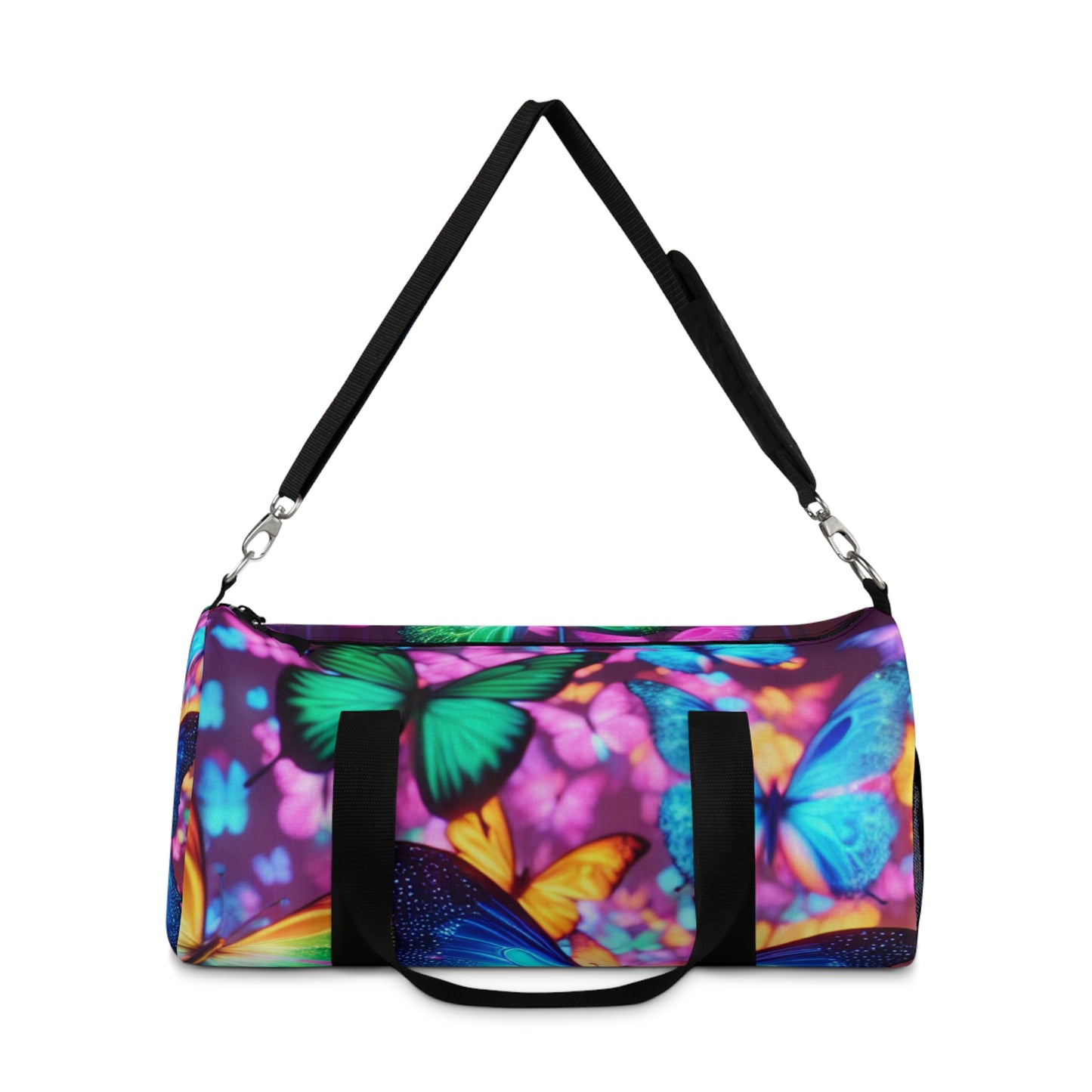 "Illuminated Flutter" - Neon Butterflies Duffle Bag