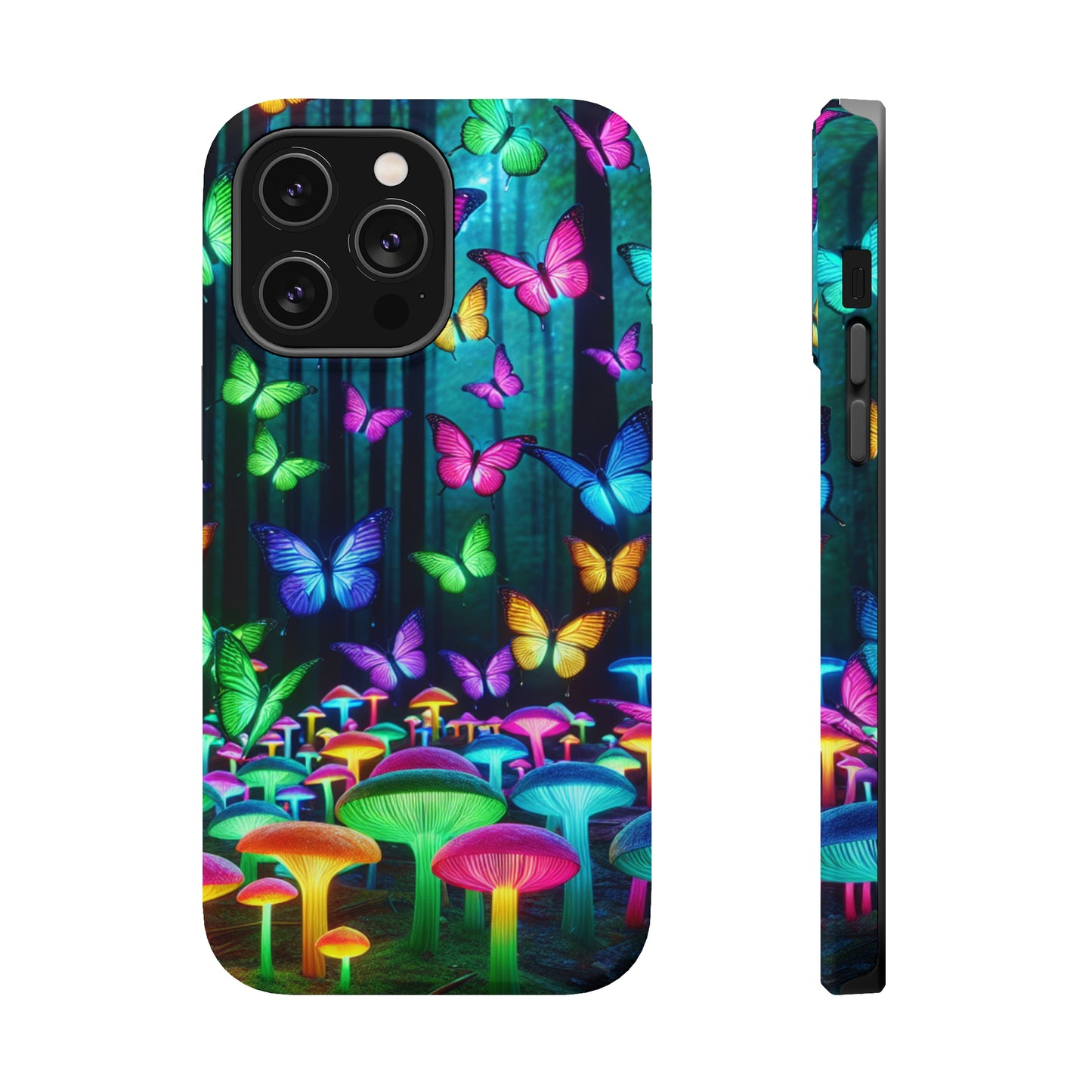 "Vivid Neon Splendor" Neon Butterflies and Mushrooms Premium Art Magsafe Magnet Tough IPhone 13 14 15 Pro Plus Max and Mini in Matte and Glossy Phone cases