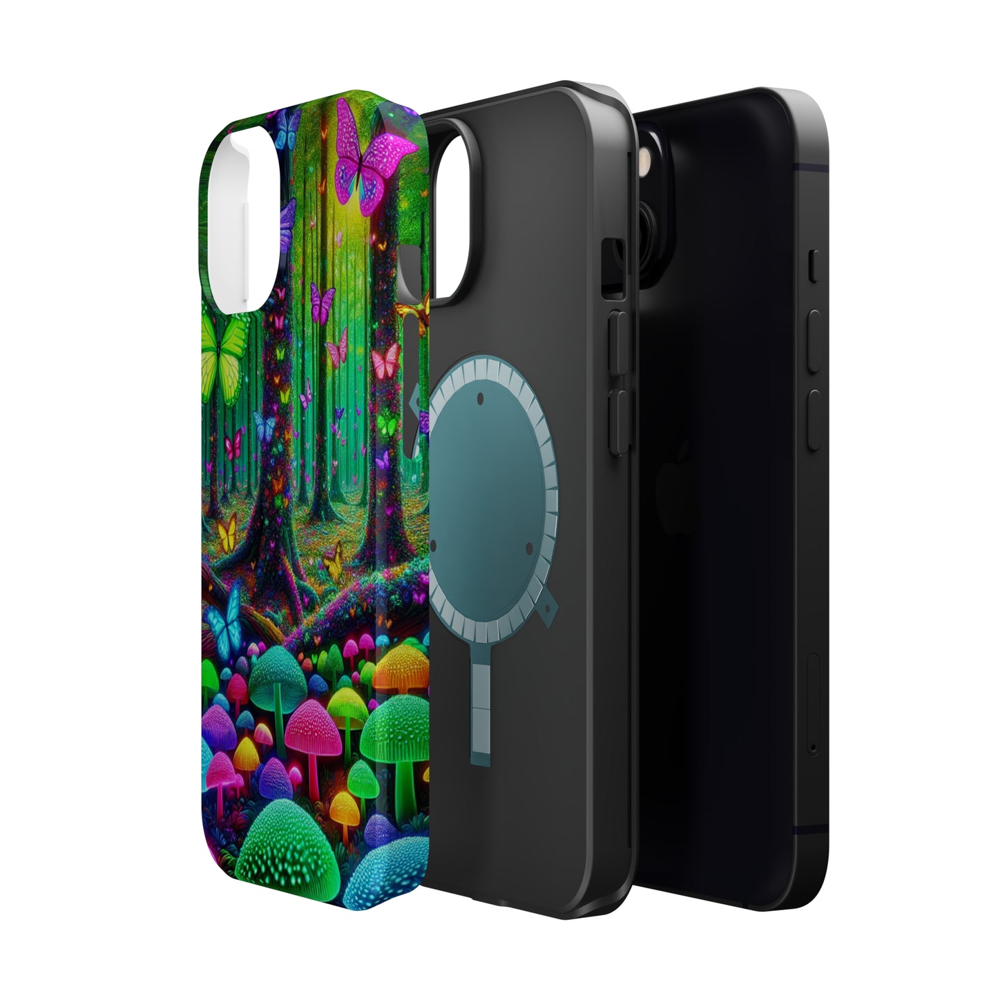 "Neon Garden Symphony". Neon Butterflies and Mushrooms Premium Art Magsafe Magnet Tough IPhone 13 14 15 Pro Plus Max and Mini in Matte and Glossy Phone cases