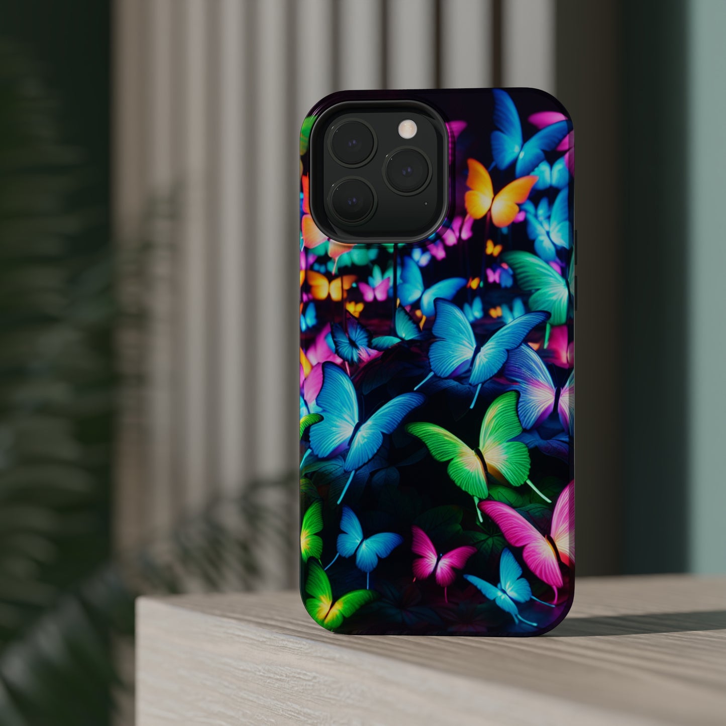 "Neon Butterfly Luridrainbow". Neon Butterflies Premium Art Magsafe Magnet Tough IPhone 13 14 15 Pro Plus Max and Mini in Matte and Glossy Phone cases