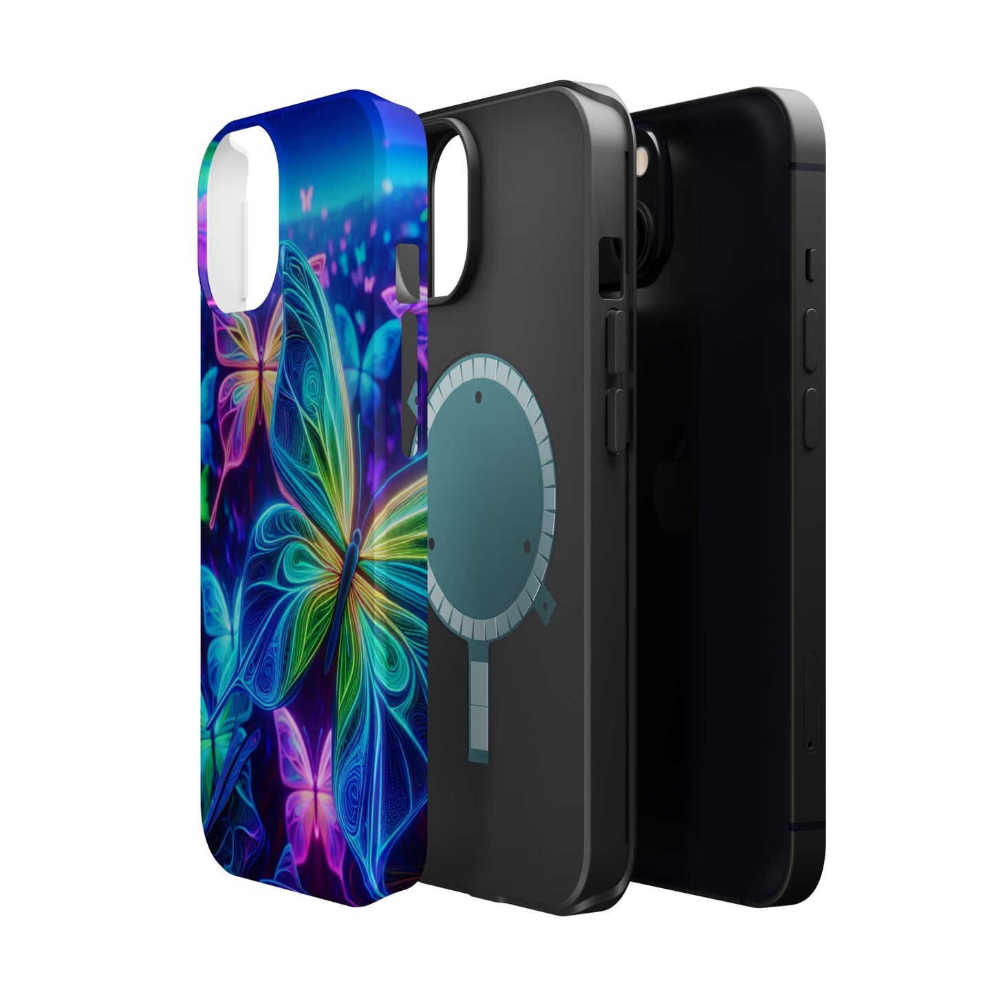 'Serene Spectacle of Neon Butterflies' Neon Butterflies Premium Art Magsafe Magnet Tough IPhone 13 14 15 Pro Plus Max and Mini in Matte and Glossy Phone cases