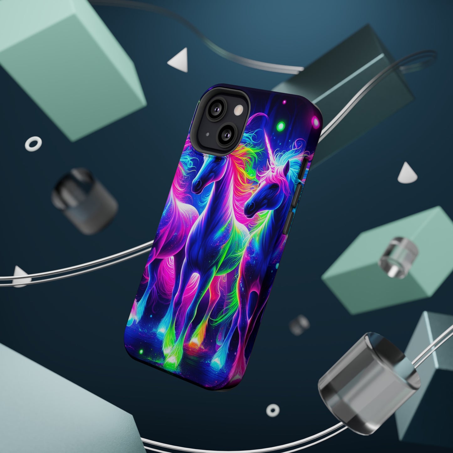 "Uni-Neon Fantasy" Neon Unicorns Premium Art Magsafe Magnet Tough IPhone 13 14 15 Pro Plus Max and Mini in Matte and Glossy Phone cases