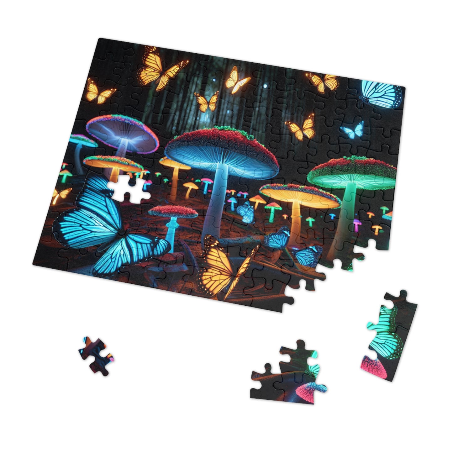 Neon Butterflydreamscape - Neon Butterflies and Mushrooms Puzzle 30, 110, 252, and 1000 Pieces