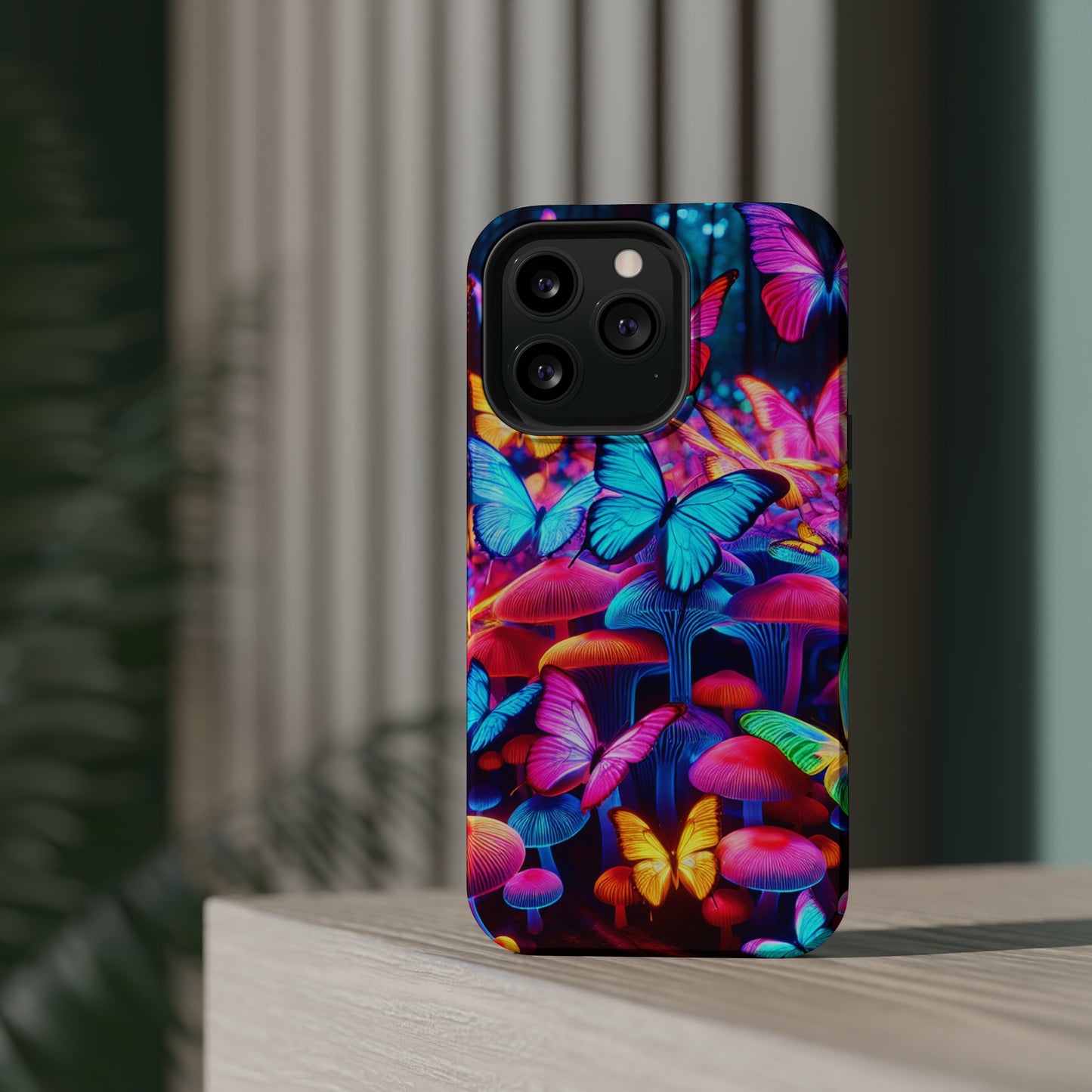 "Neon Tie-Dye Garden" Neon Butterflies and Mushrooms Premium Art Magsafe Magnet Tough IPhone 13 14 15 Pro Plus Max and Mini in Matte and Glossy Phone cases