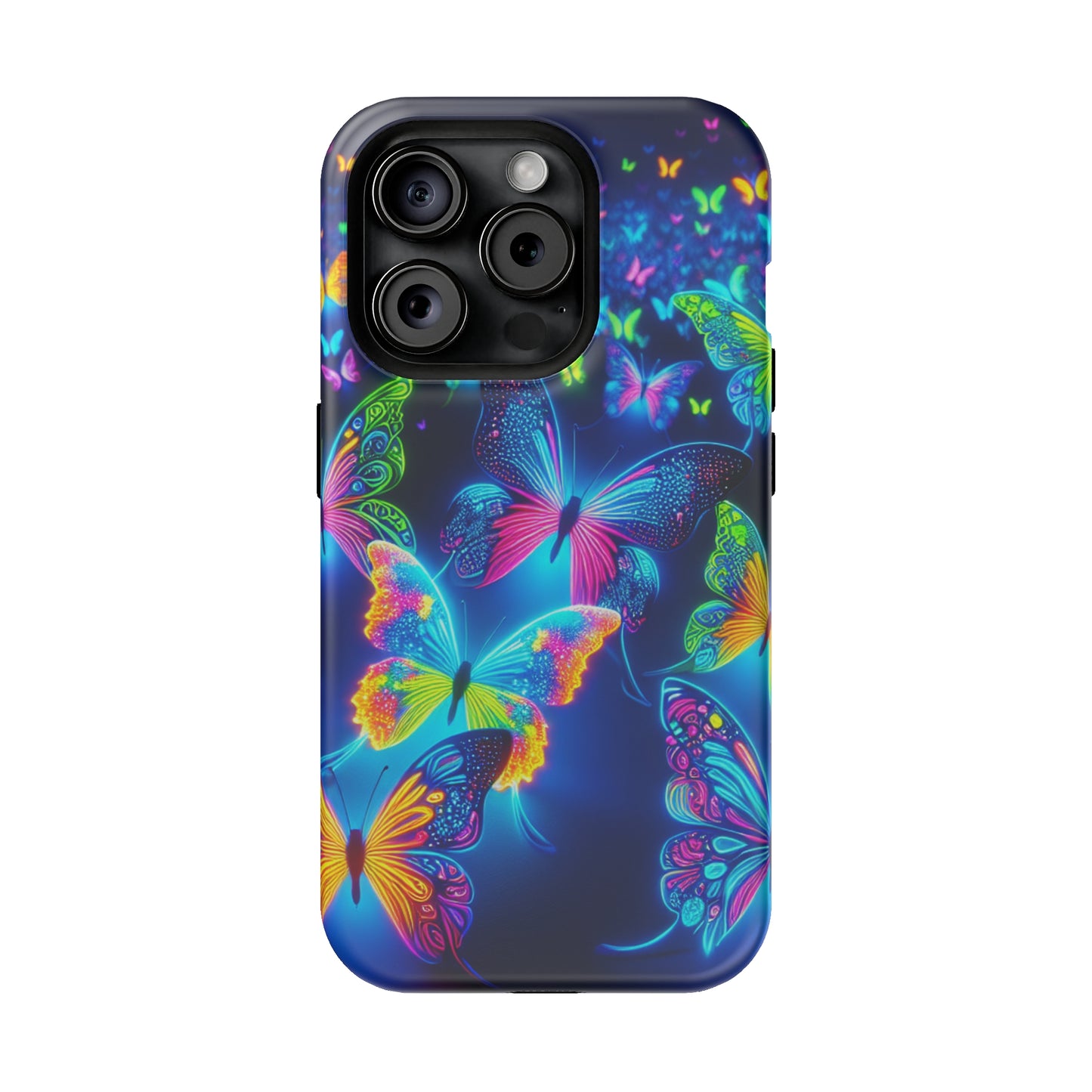 "Atmospheric Fluorescence" Neon Butterflies Premium Art Magsafe Magnet Tough IPhone 13 14 15 Pro Plus Max and Mini in Matte and Glossy Phone cases