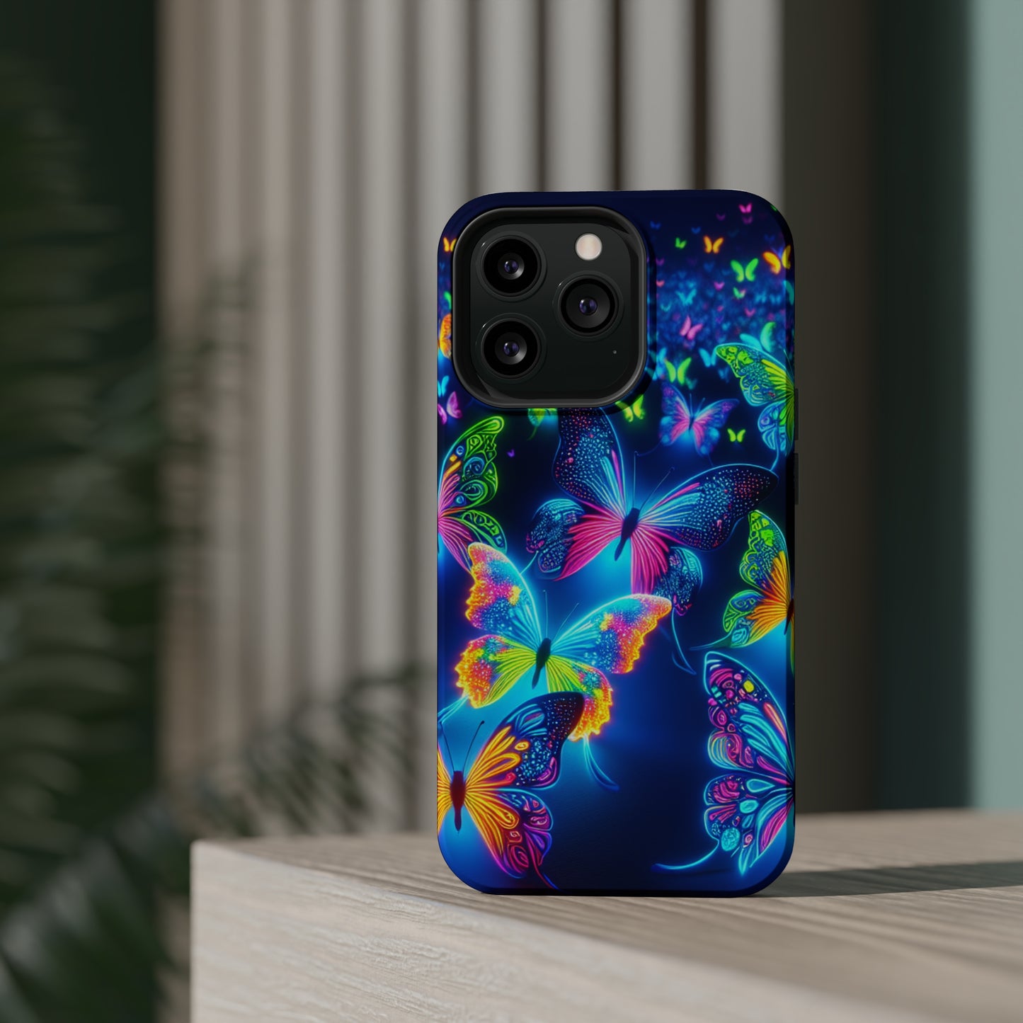 "Atmospheric Fluorescence" Neon Butterflies Premium Art Magsafe Magnet Tough IPhone 13 14 15 Pro Plus Max and Mini in Matte and Glossy Phone cases