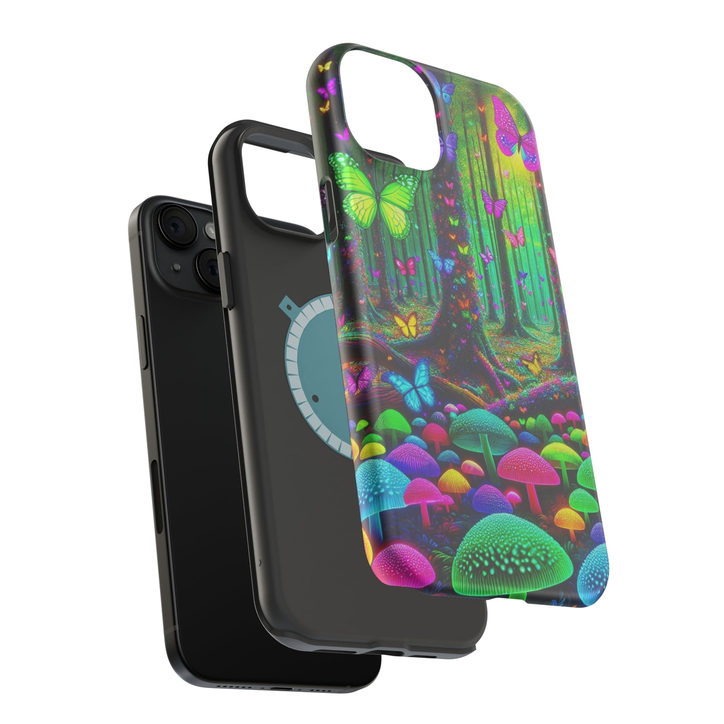 "Neon Garden Symphony". Neon Butterflies and Mushrooms Premium Art Magsafe Magnet Tough IPhone 13 14 15 Pro Plus Max and Mini in Matte and Glossy Phone cases