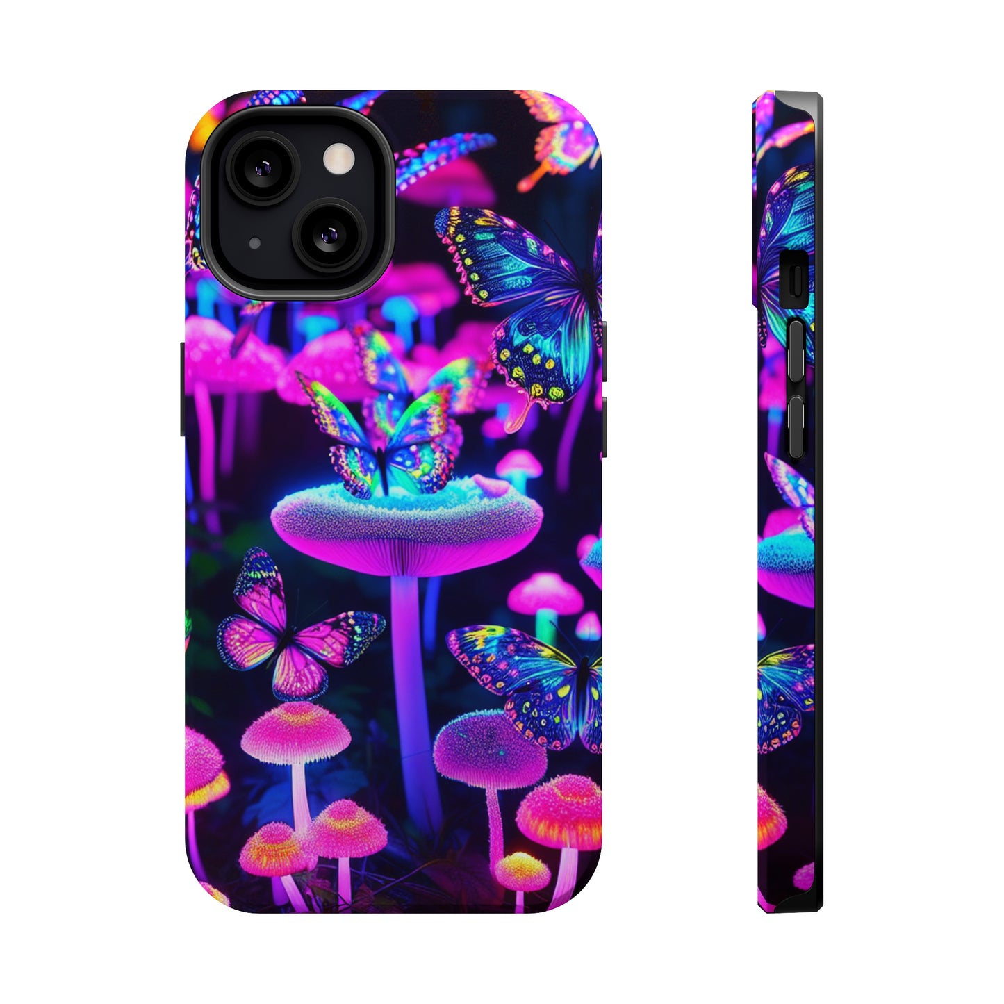 "Neon Gloomsprite Dance" Neon Butterflies and Mushrooms Premium Art Magsafe Magnet Tough IPhone 13 14 15 Pro Plus Max and Mini in Matte and Glossy Phone cases