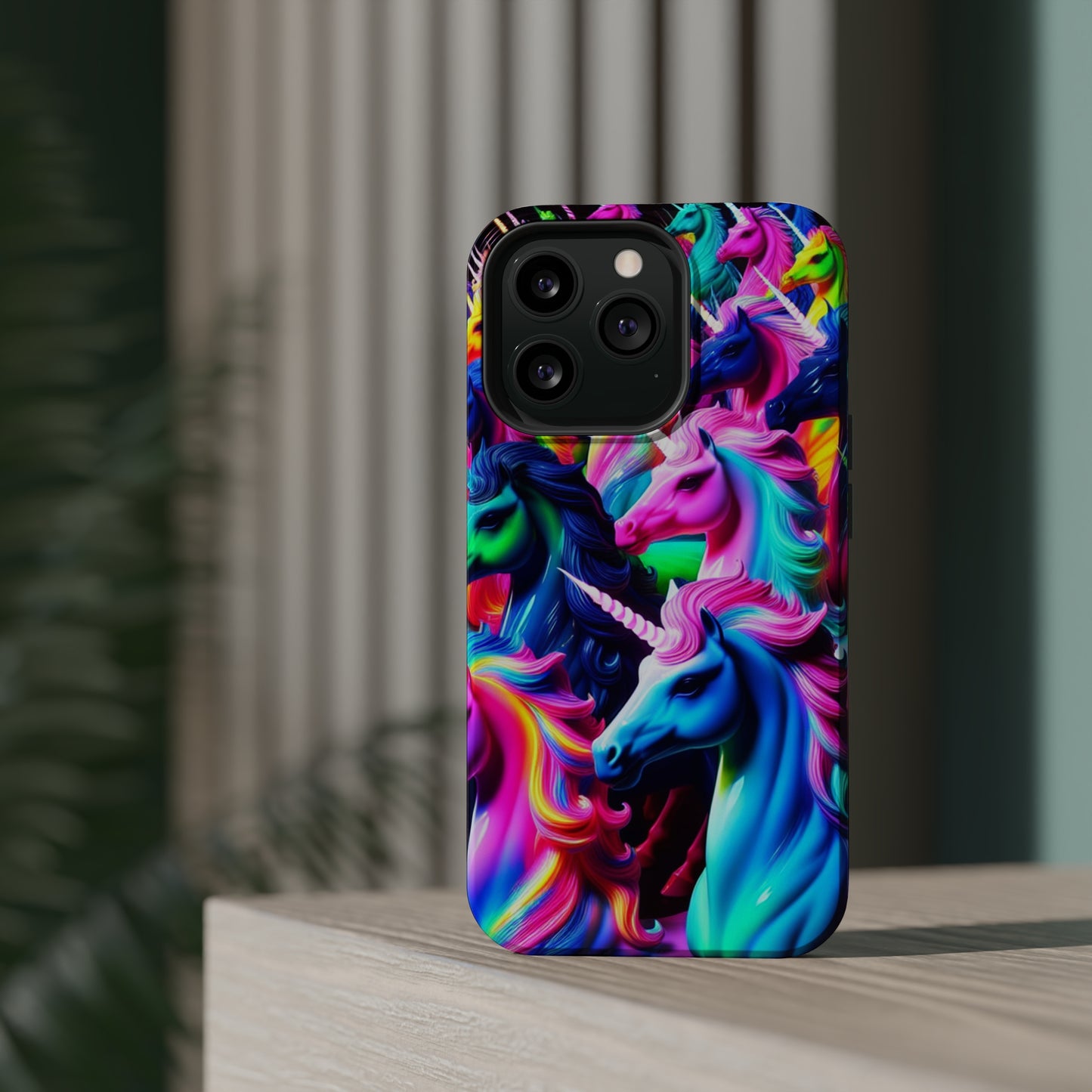 "Neon Illumination" Neon Unicorns Premium Art Magsafe Magnet Tough IPhone 13 14 15 Pro Plus Max and Mini in Matte and Glossy Phone cases