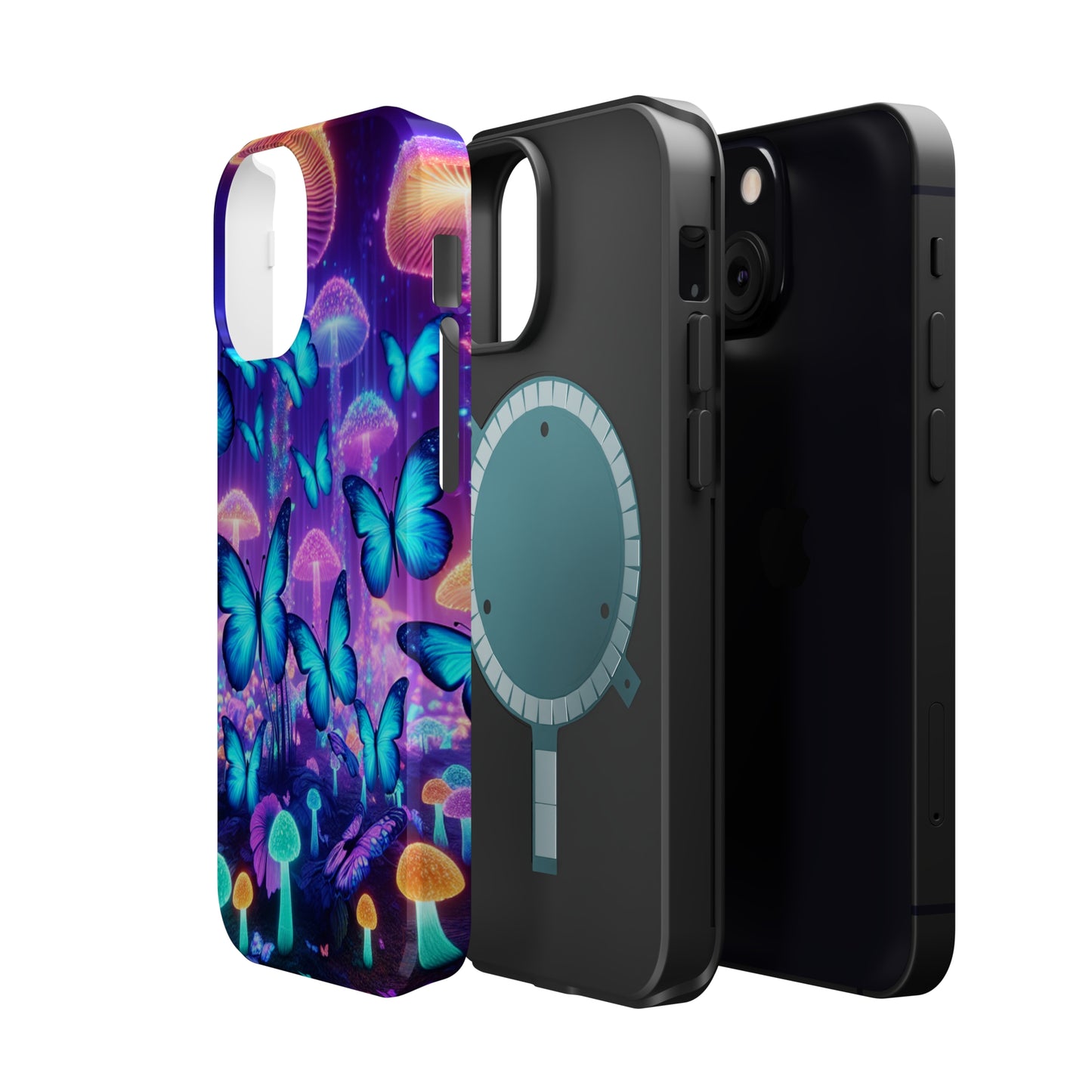 Neon Delight Landscape Neon Butterflies and Mushrooms Premium Art Magsafe Magnet Tough IPhone 13 14 15 Pro Plus Max and Mini in Matte and Glossy Phone cases