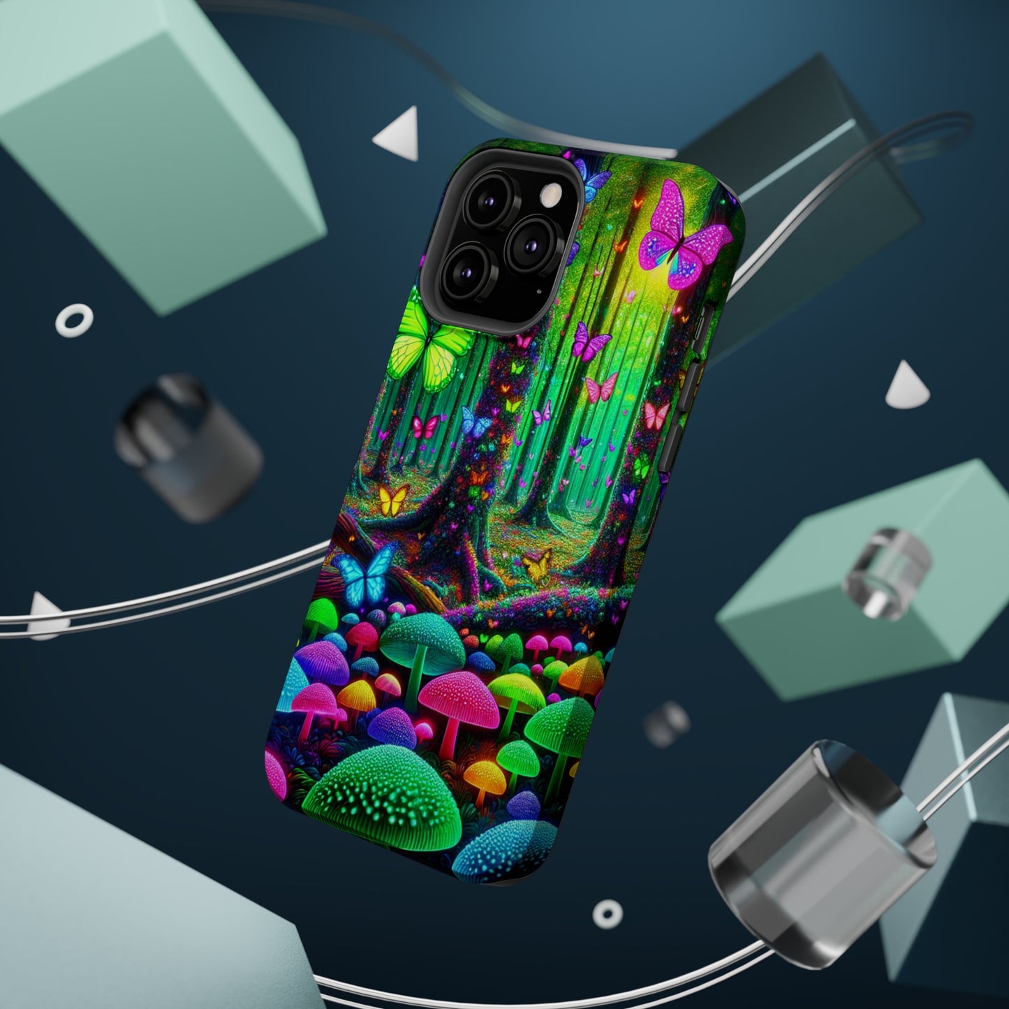 "Neon Garden Symphony". Neon Butterflies and Mushrooms Premium Art Magsafe Magnet Tough IPhone 13 14 15 Pro Plus Max and Mini in Matte and Glossy Phone cases