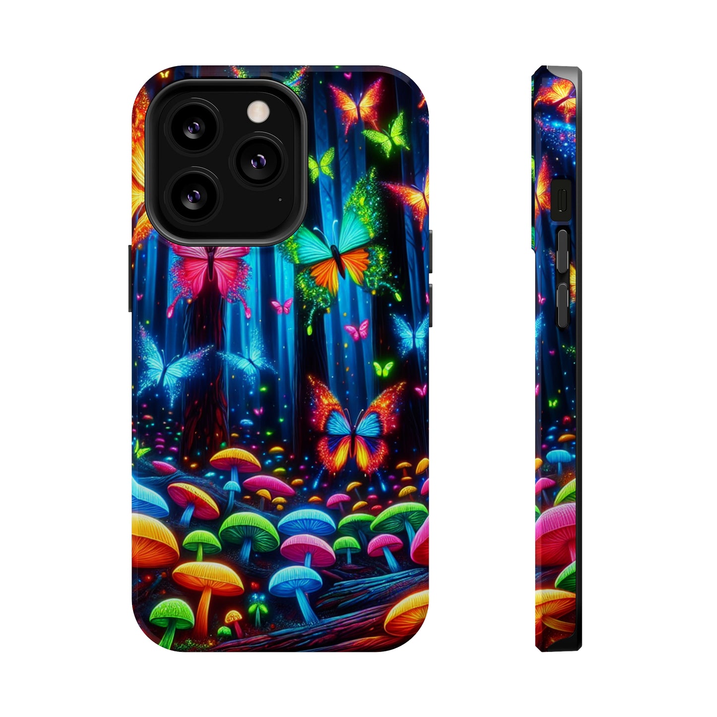 Neon Fantasia. Neon Butterflies and Mushrooms Premium Art Magsafe Magnet Tough IPhone 13 14 15 Pro Plus Max and Mini in Matte and Glossy Phone cases