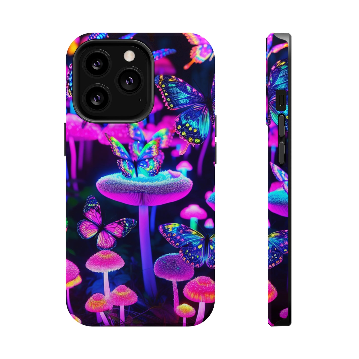 "Neon Gloomsprite Dance" Neon Butterflies and Mushrooms Premium Art Magsafe Magnet Tough IPhone 13 14 15 Pro Plus Max and Mini in Matte and Glossy Phone cases