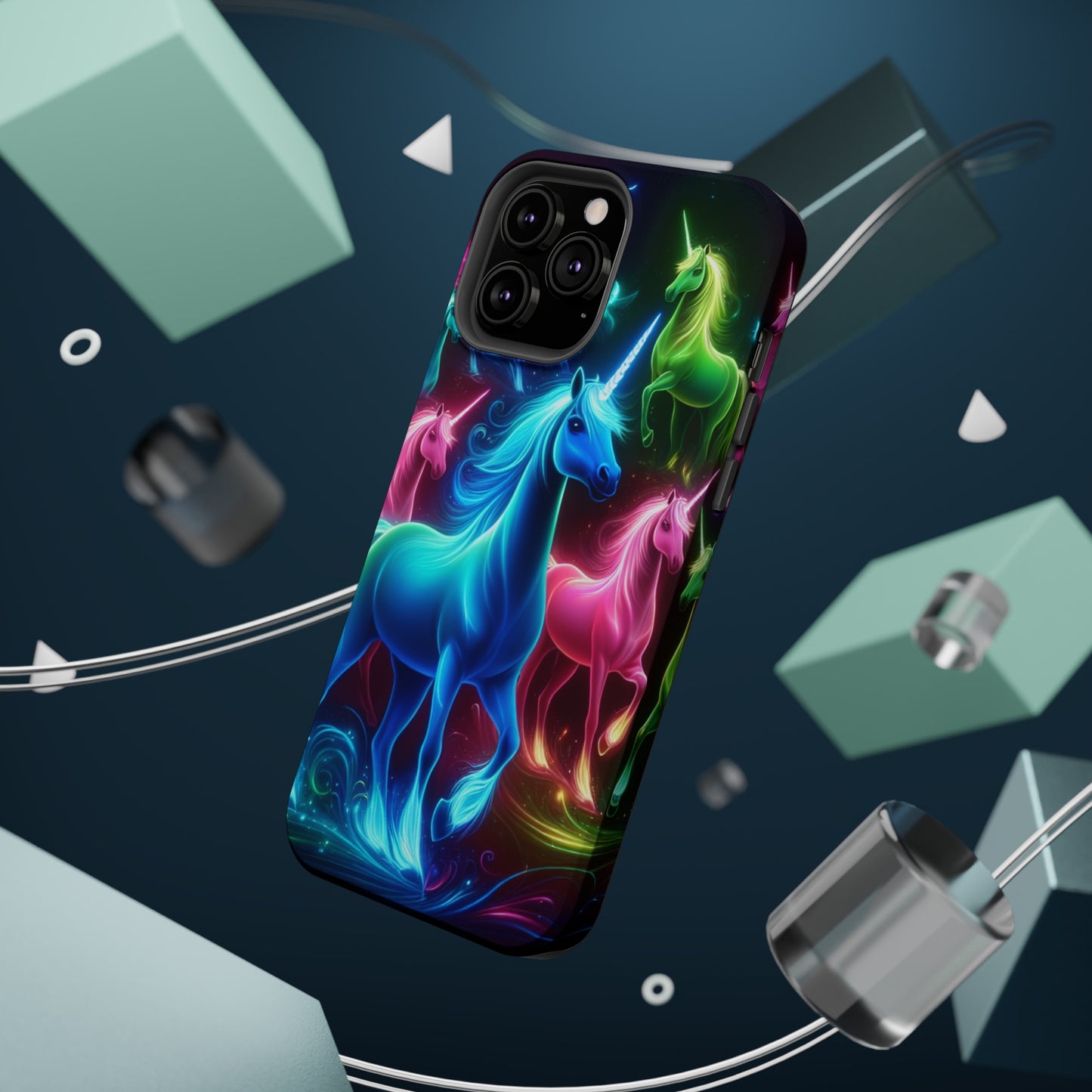 Neon Rainbow Herd. Neon Unicorns Premium Art Magsafe Magnet Tough IPhone 13 14 15 Pro Plus Max and Mini in Matte and Glossy Phone cases