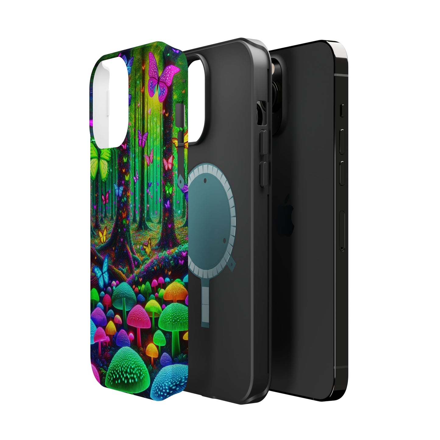 "Neon Garden Symphony". Neon Butterflies and Mushrooms Premium Art Magsafe Magnet Tough IPhone 13 14 15 Pro Plus Max and Mini in Matte and Glossy Phone cases