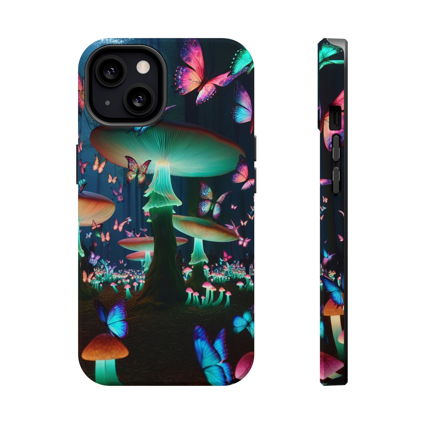 Neon Garden Delight. Neon Butterflies and Mushrooms Premium Art Magsafe Magnet Tough IPhone 13 14 15 Pro Plus Max and Mini in Matte and Glossy Phone cases