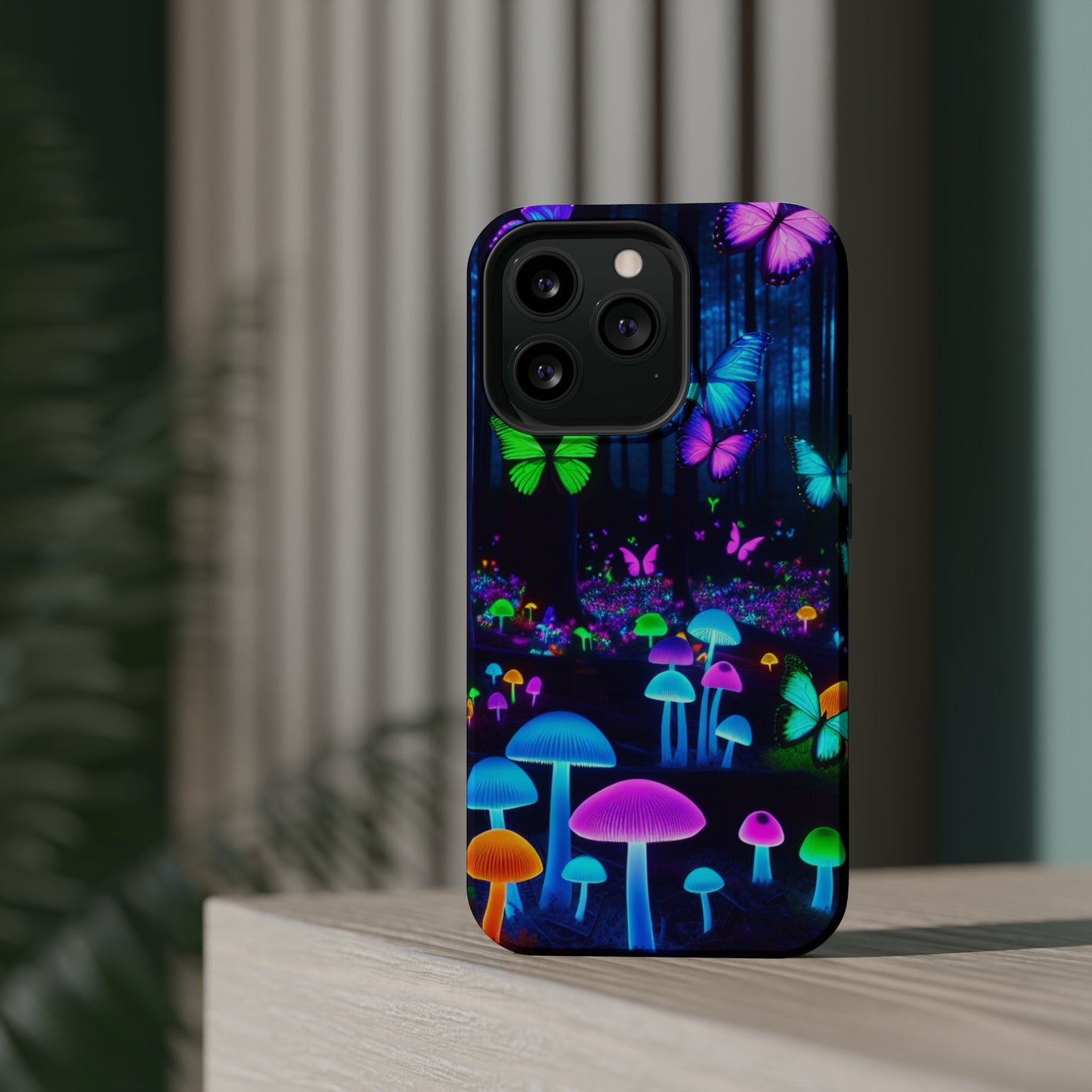 Neon Spectacle. Neon Butterflies and Mushrooms Premium Art Magsafe Magnet Tough IPhone 13 14 15 Pro Plus Max and Mini in Matte and Glossy Phone cases