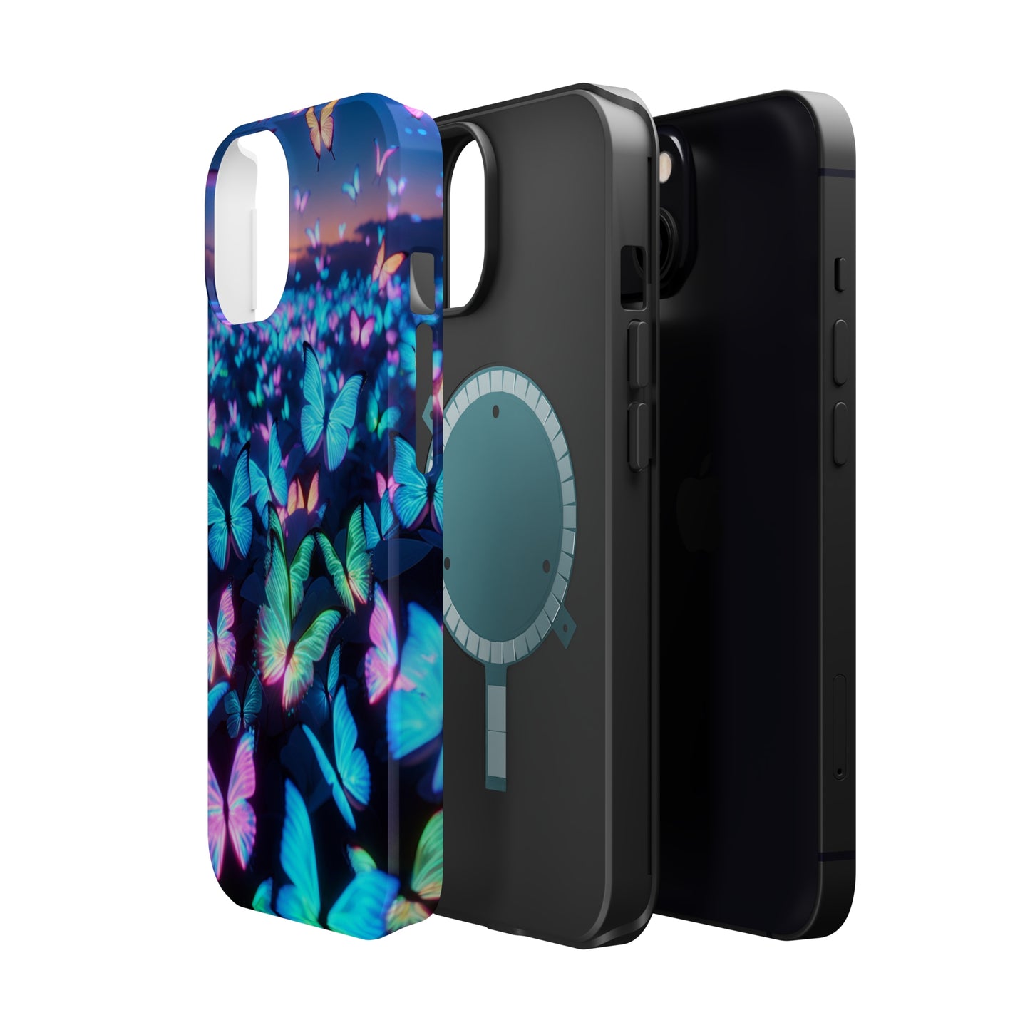 "Fantasia of Neon Butterflies" Neon Butterflies Premium Art Magsafe Magnet Tough IPhone 13 14 15 Pro Plus Max and Mini in Matte and Glossy Phone cases