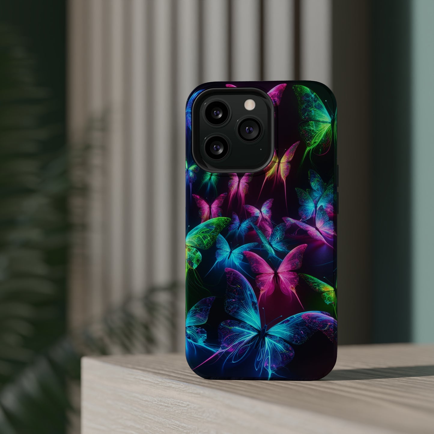 'Euphoria in Neon Flight' Neon Butterflies Premium Art Magsafe Magnet Tough IPhone 13 14 15 Pro Plus Max and Mini in Matte and Glossy Phone cases