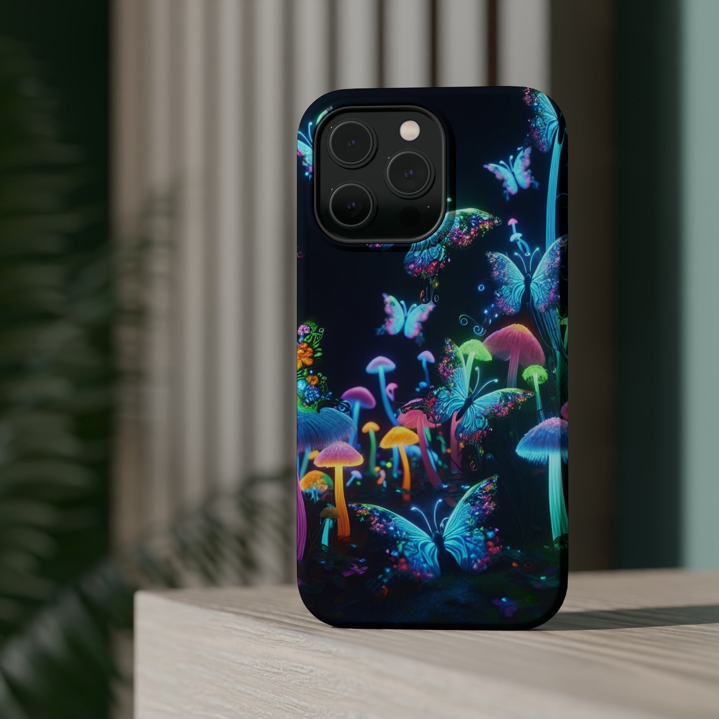 "Neon Dreamscape" Neon Butterflies and Mushrooms Premium Art Magsafe Magnet Tough IPhone 13 14 15 Pro Plus Max and Mini in Matte and Glossy Phone cases