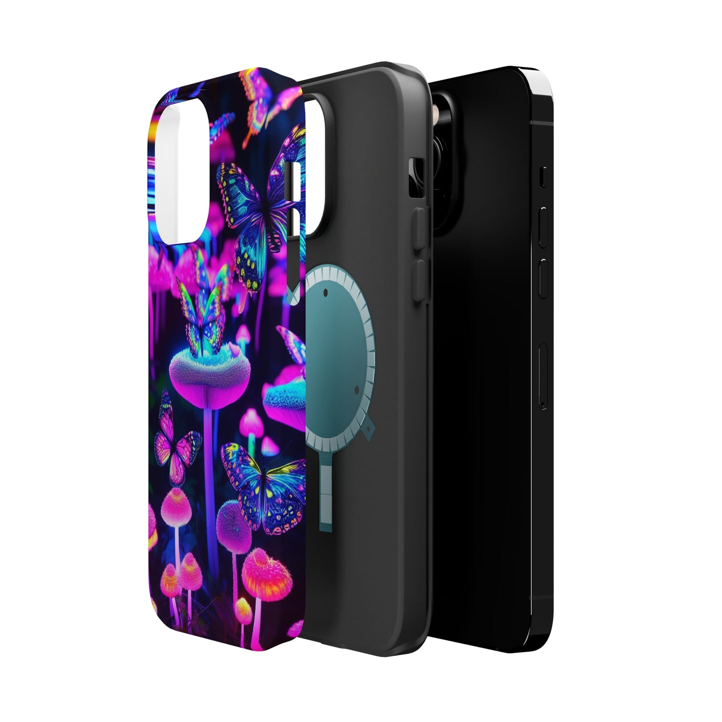 "Neon Gloomsprite Dance" Neon Butterflies and Mushrooms Premium Art Magsafe Magnet Tough IPhone 13 14 15 Pro Plus Max and Mini in Matte and Glossy Phone cases