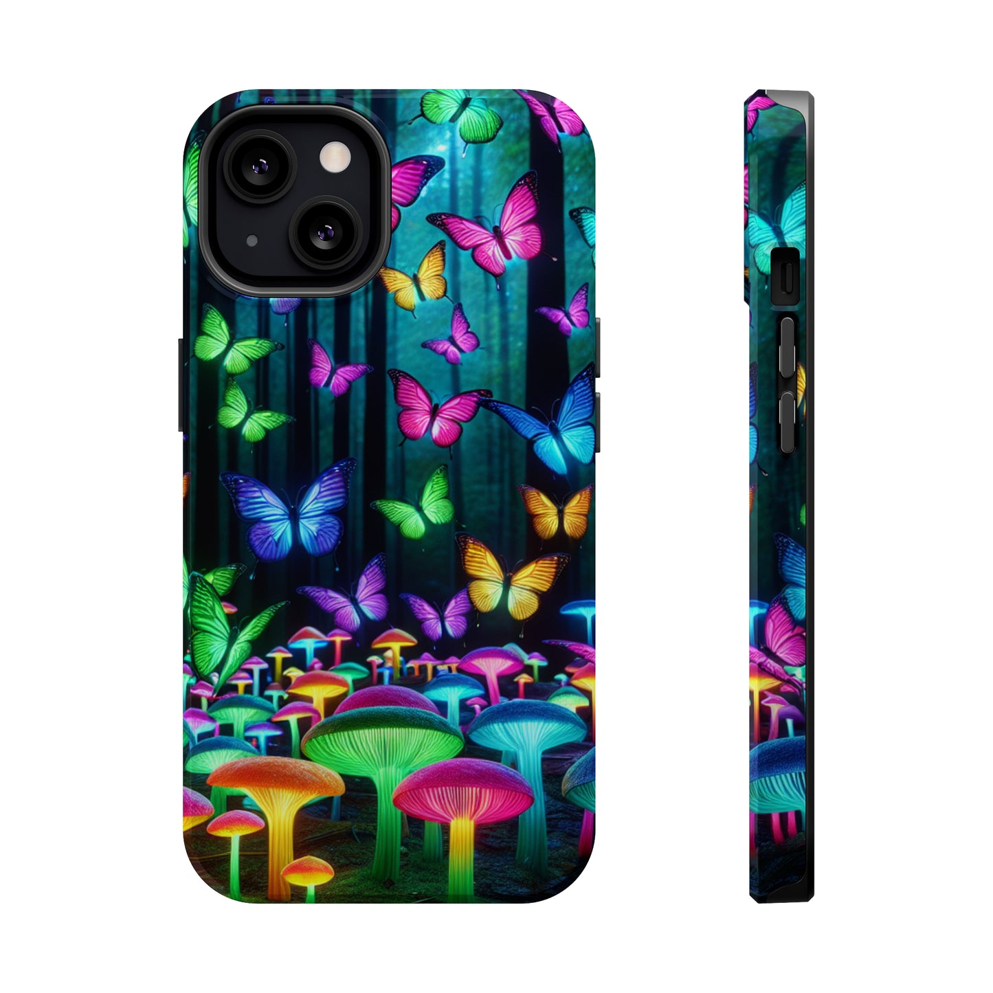 "Vivid Neon Splendor" Neon Butterflies and Mushrooms Premium Art Magsafe Magnet Tough IPhone 13 14 15 Pro Plus Max and Mini in Matte and Glossy Phone cases