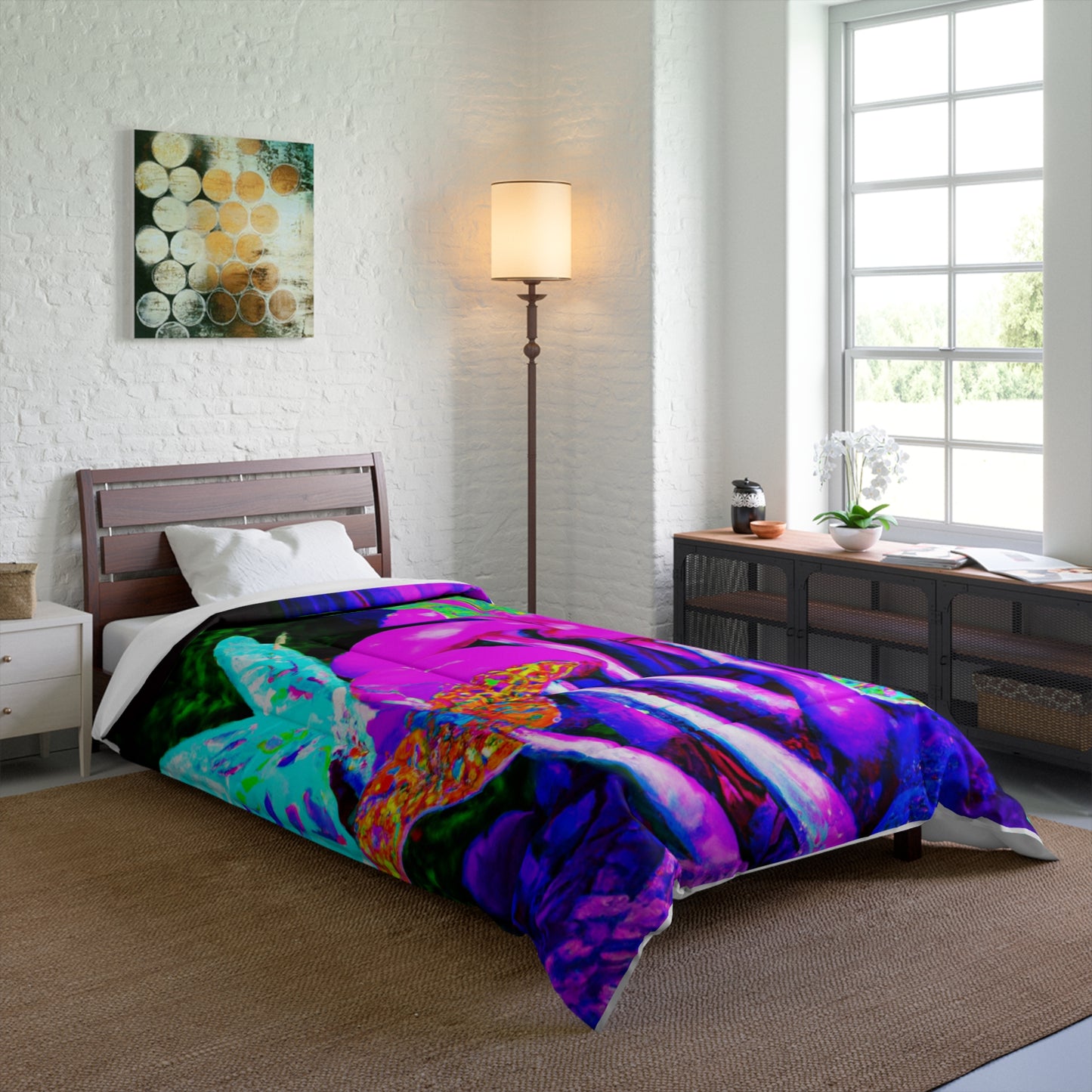 "Neon Glade of Wonders" Butterflies & Mushrooms Comforter Blanket