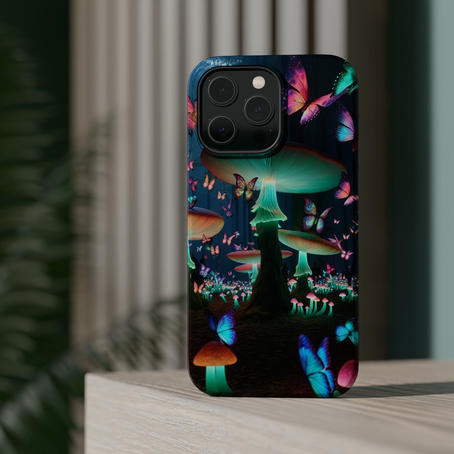 Neon Garden Delight. Neon Butterflies and Mushrooms Premium Art Magsafe Magnet Tough IPhone 13 14 15 Pro Plus Max and Mini in Matte and Glossy Phone cases