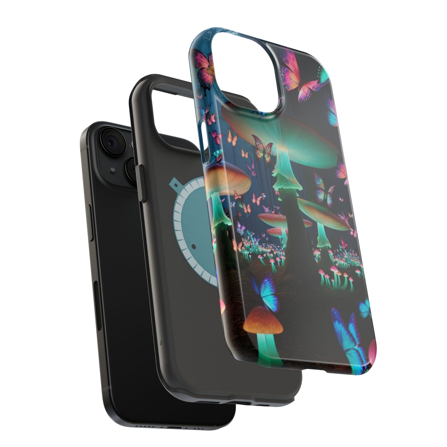 Neon Garden Delight. Neon Butterflies and Mushrooms Premium Art Magsafe Magnet Tough IPhone 13 14 15 Pro Plus Max and Mini in Matte and Glossy Phone cases