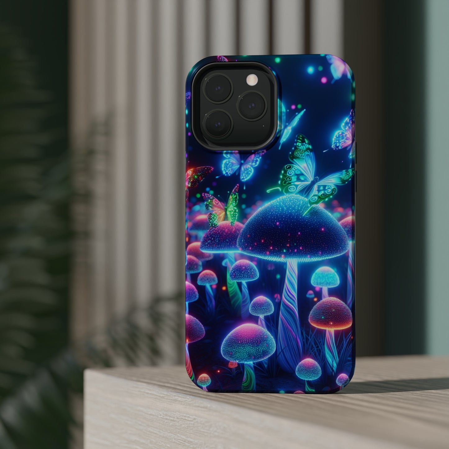 Neon Glitterbug Heaven. Neon Butterflies and Mushrooms Premium Art Magsafe Magnet Tough IPhone 13 14 15 Pro Plus Max and Mini in Matte and Glossy Phone cases