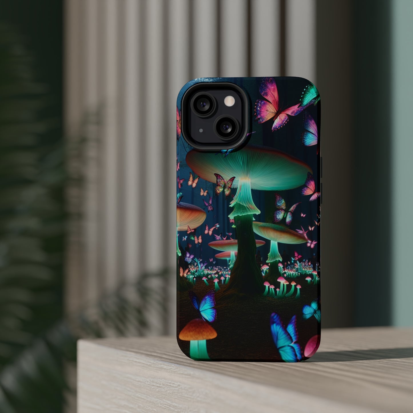 Neon Garden Delight. Neon Butterflies and Mushrooms Premium Art Magsafe Magnet Tough IPhone 13 14 15 Pro Plus Max and Mini in Matte and Glossy Phone cases
