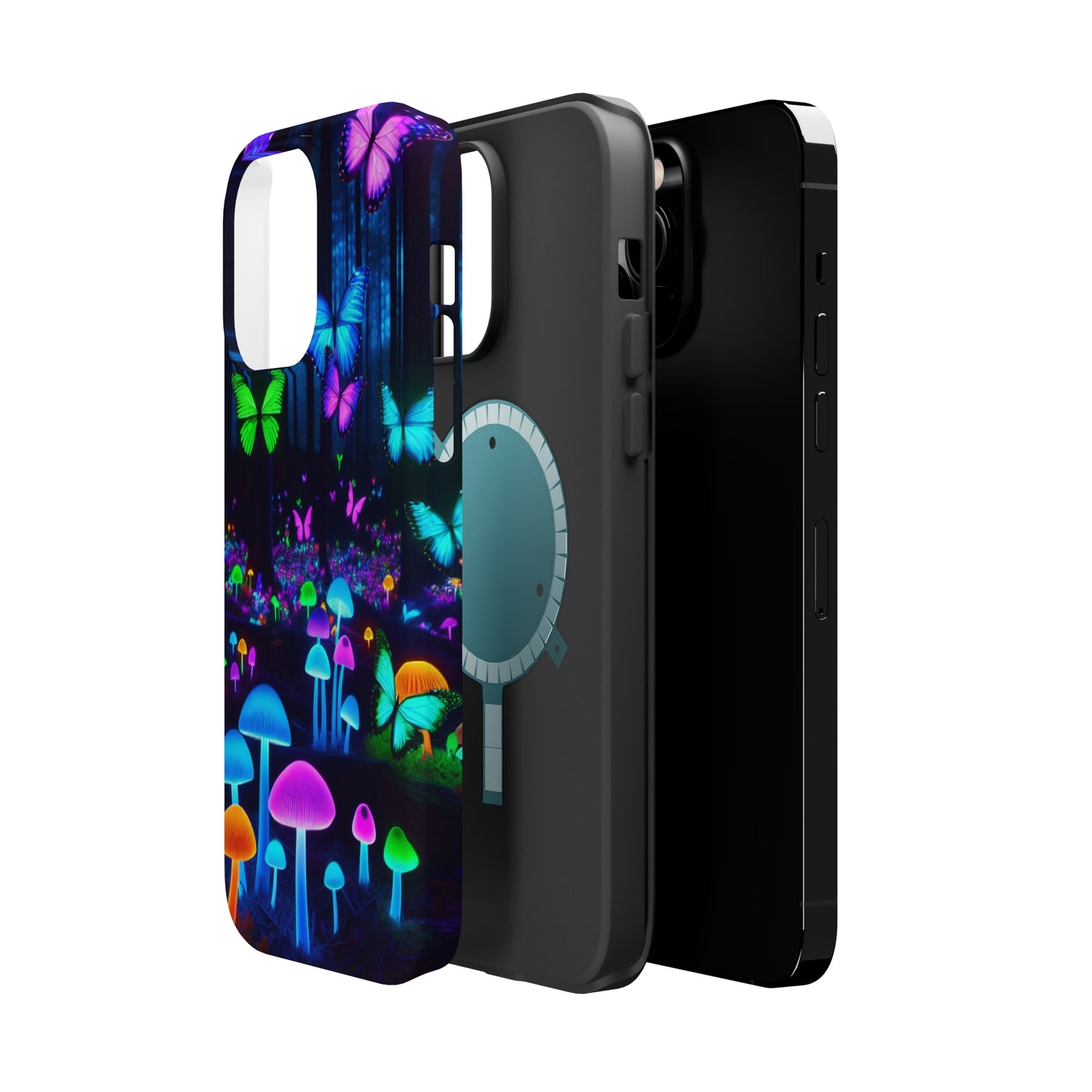 Neon Spectacle. Neon Butterflies and Mushrooms Premium Art Magsafe Magnet Tough IPhone 13 14 15 Pro Plus Max and Mini in Matte and Glossy Phone cases