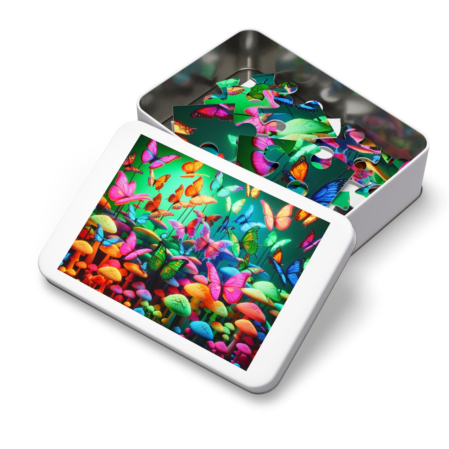 Neon Splendor. - Neon Butterflies and Mushrooms Puzzle 30, 110, 252, and 1000 Pieces