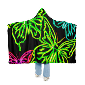 "Neon Flight" - NEON Butterflies Art Hooded Snuggle Blanket
