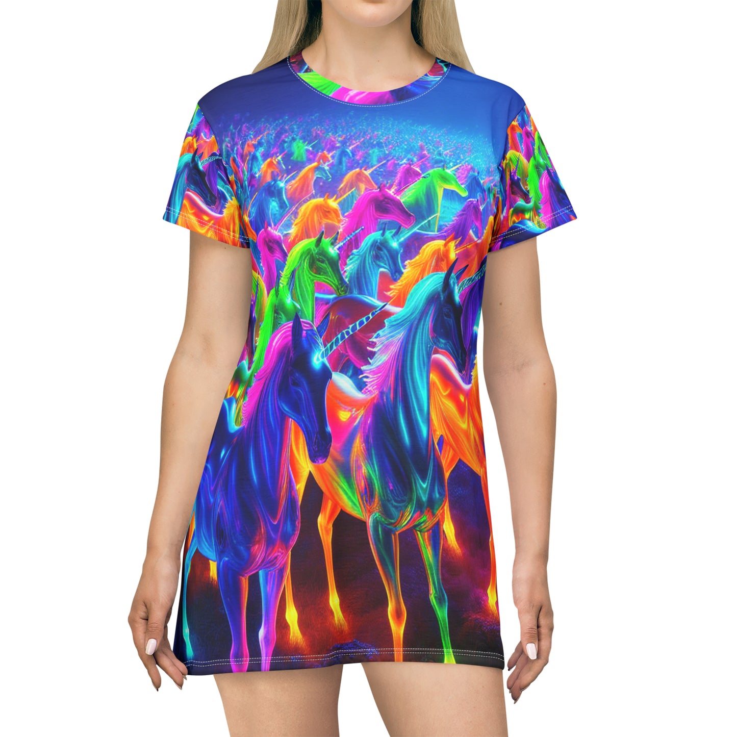 "Neon Mystic Majesties" Neon Unicorns Womans T Shirt Dress