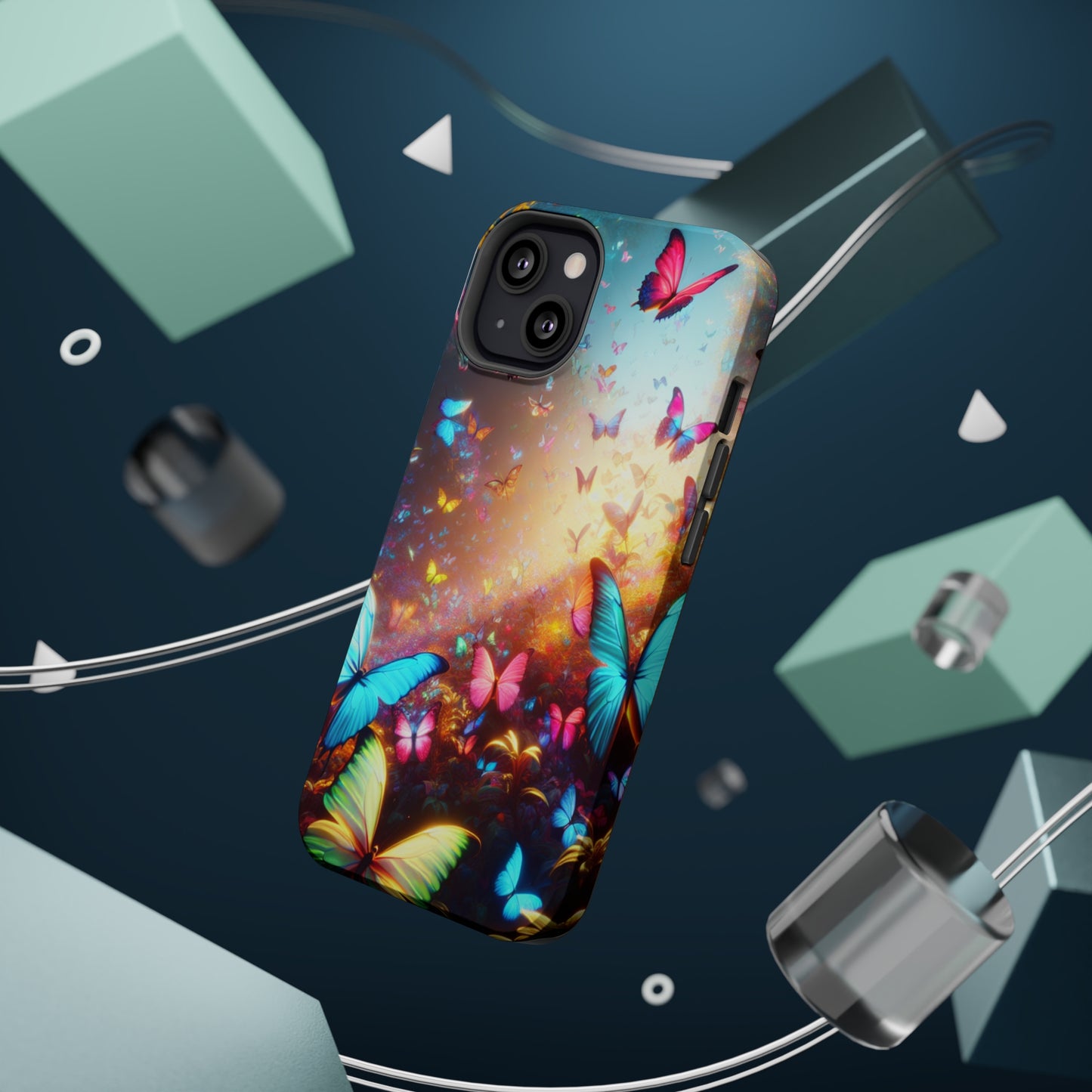 "Neon Butterfly Blooms" Neon Butterflies Premium Art Magsafe Magnet Tough IPhone 13 14 15 Pro Plus Max and Mini in Matte and Glossy Phone cases