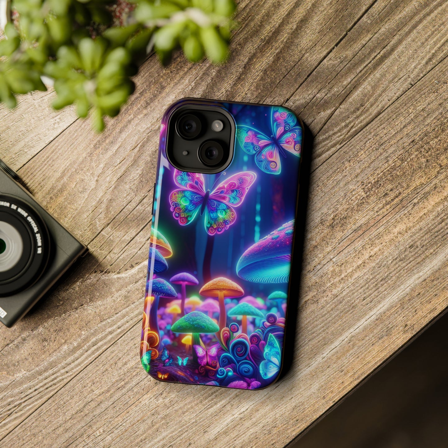 Neon Ecstasy. Neon Butterflies and Mushrooms Premium Art Magsafe Magnet Tough IPhone 13 14 15 Pro Plus Max and Mini in Matte and Glossy Phone cases