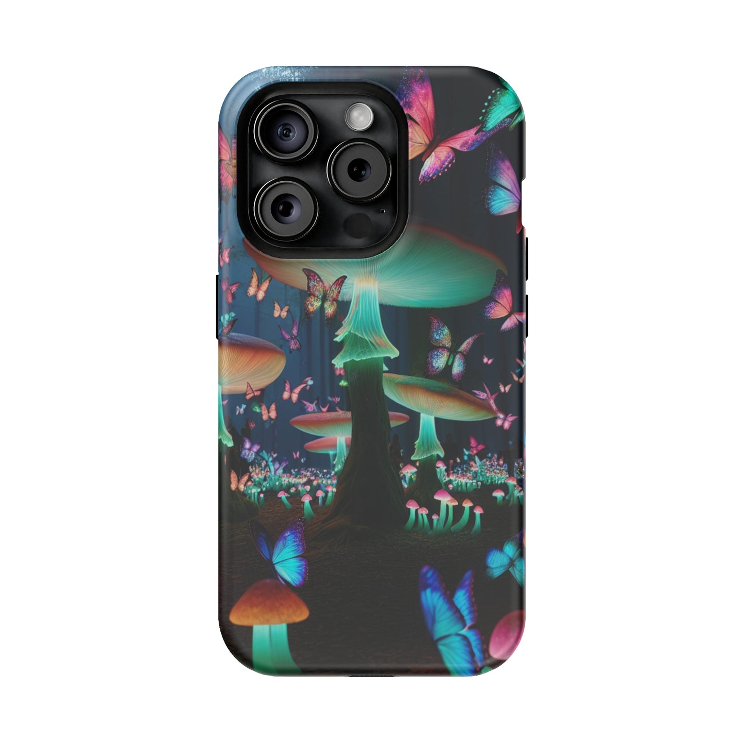 Neon Garden Delight. Neon Butterflies and Mushrooms Premium Art Magsafe Magnet Tough IPhone 13 14 15 Pro Plus Max and Mini in Matte and Glossy Phone cases