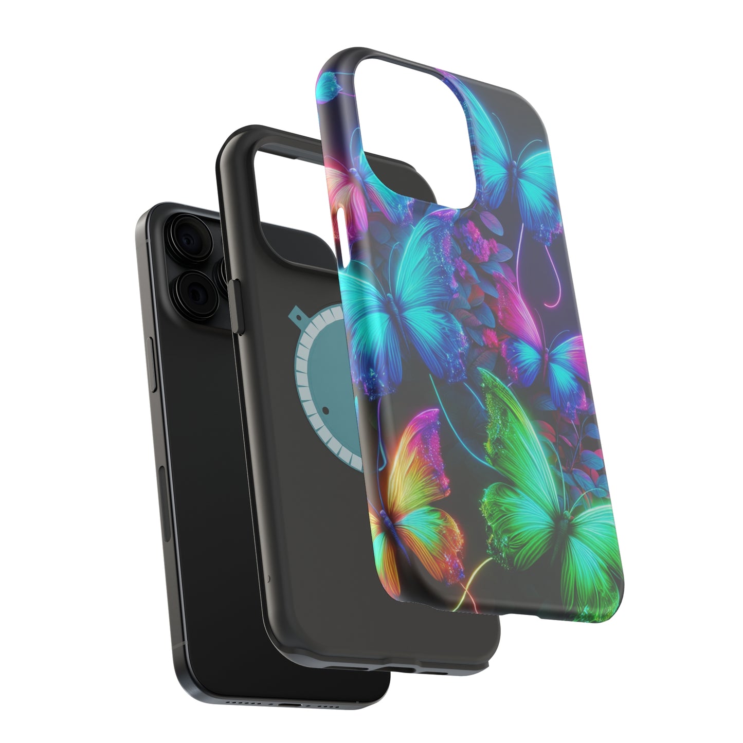 Neon Flutter Symphony Neon Butterflies Premium Art Magsafe Magnet Tough IPhone 13 14 15 Pro Plus Max and Mini in Matte and Glossy Phone cases