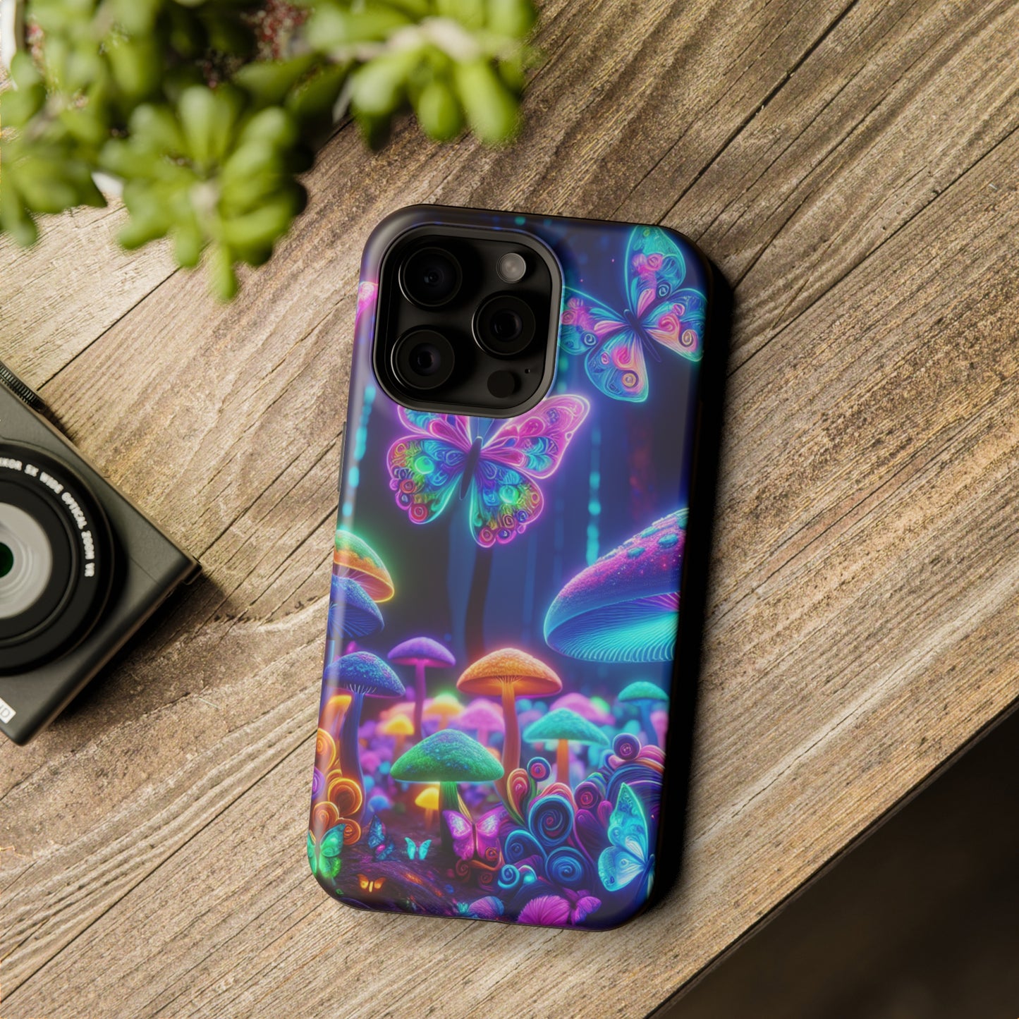 Neon Ecstasy. Neon Butterflies and Mushrooms Premium Art Magsafe Magnet Tough IPhone 13 14 15 Pro Plus Max and Mini in Matte and Glossy Phone cases