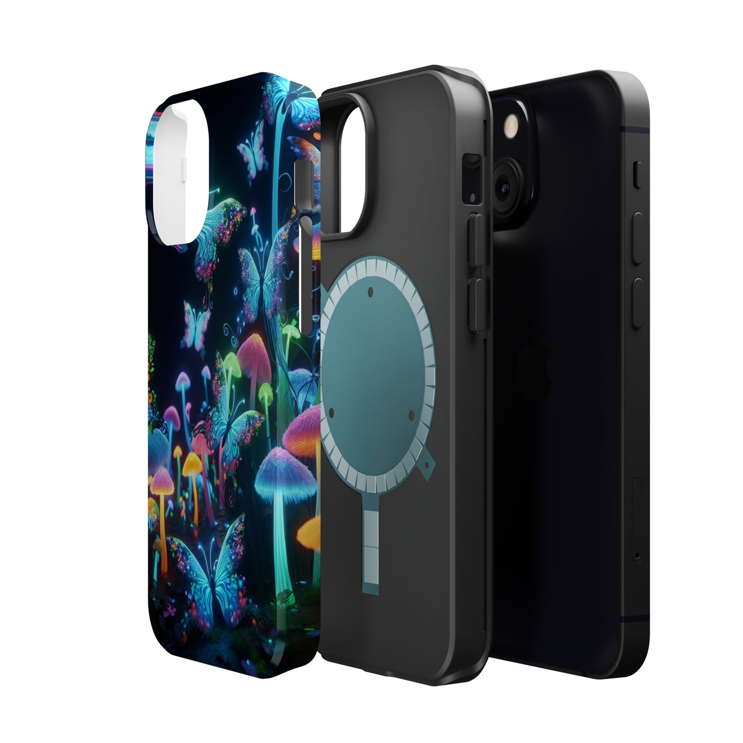 "Neon Dreamscape" Neon Butterflies and Mushrooms Premium Art Magsafe Magnet Tough IPhone 13 14 15 Pro Plus Max and Mini in Matte and Glossy Phone cases